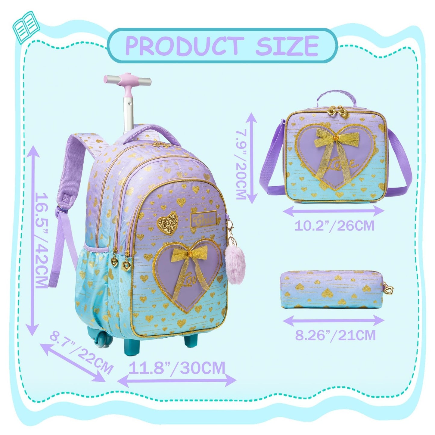 Girls Rolling Backpack with Wheels, Kids Travel Suitcase & Lunch Box, Ages 6 82