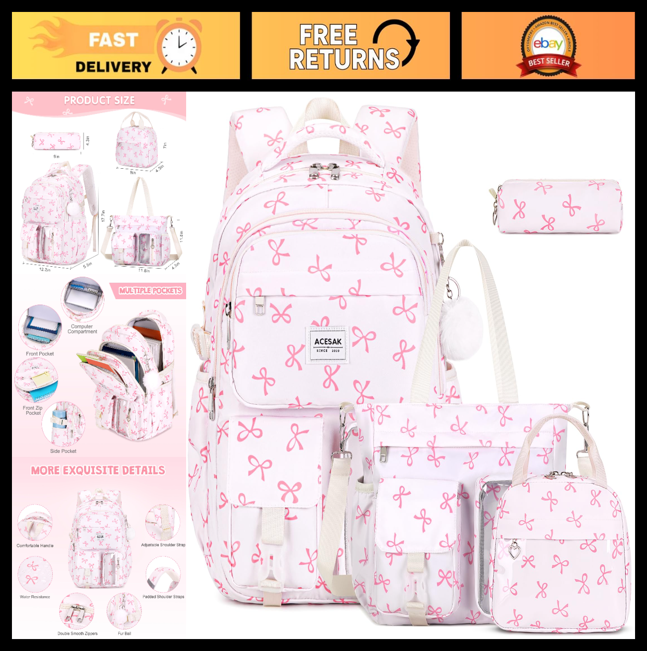 Stylish Girls Backpack Set with Tote, Crossbody Bag, Lunch Bag & Pencil Pouch  0