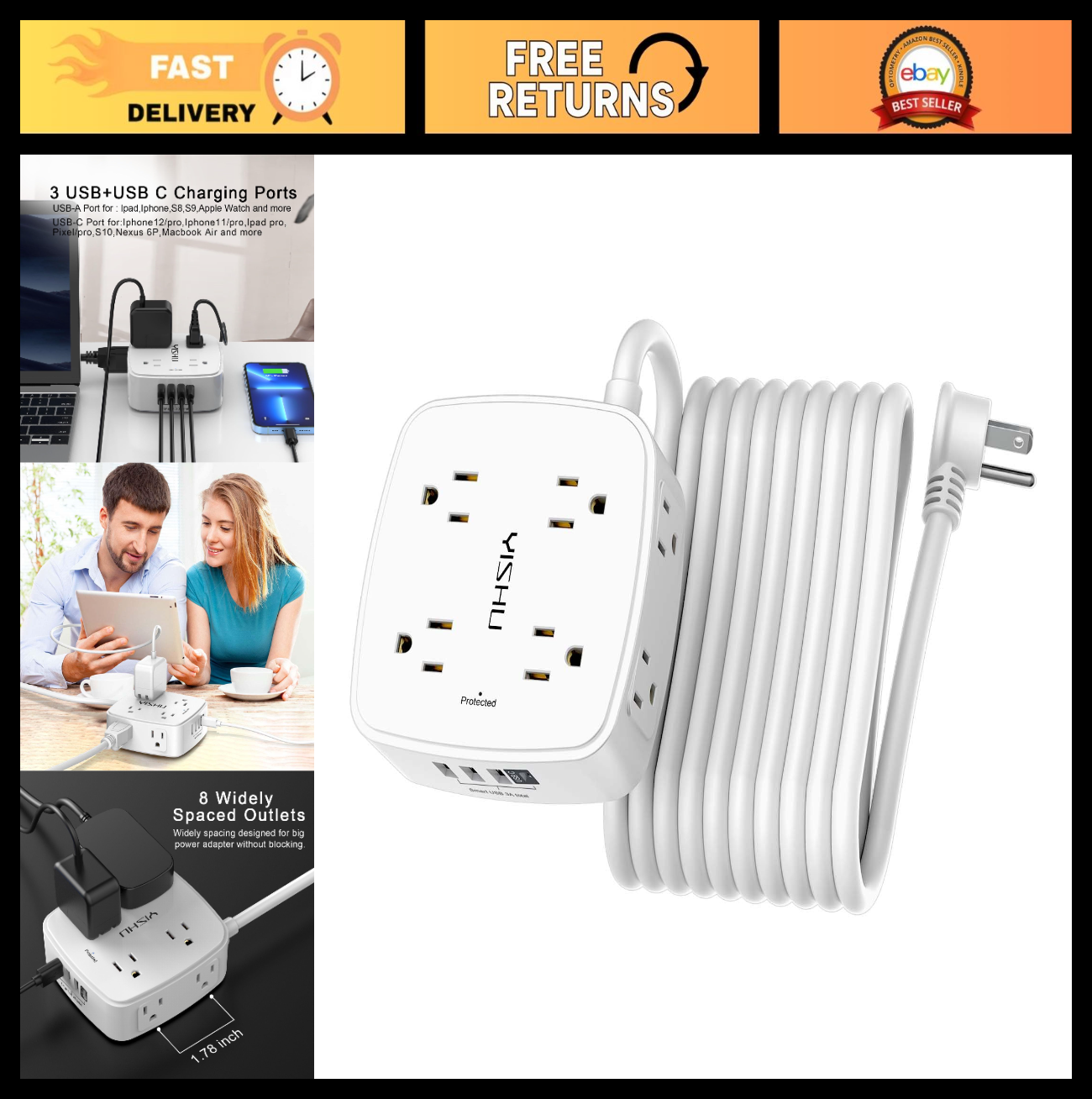 20ft Surge Protector Power Strip, 8 Outlets & 4 USB Ports, Flat Plug, Wall Mount0