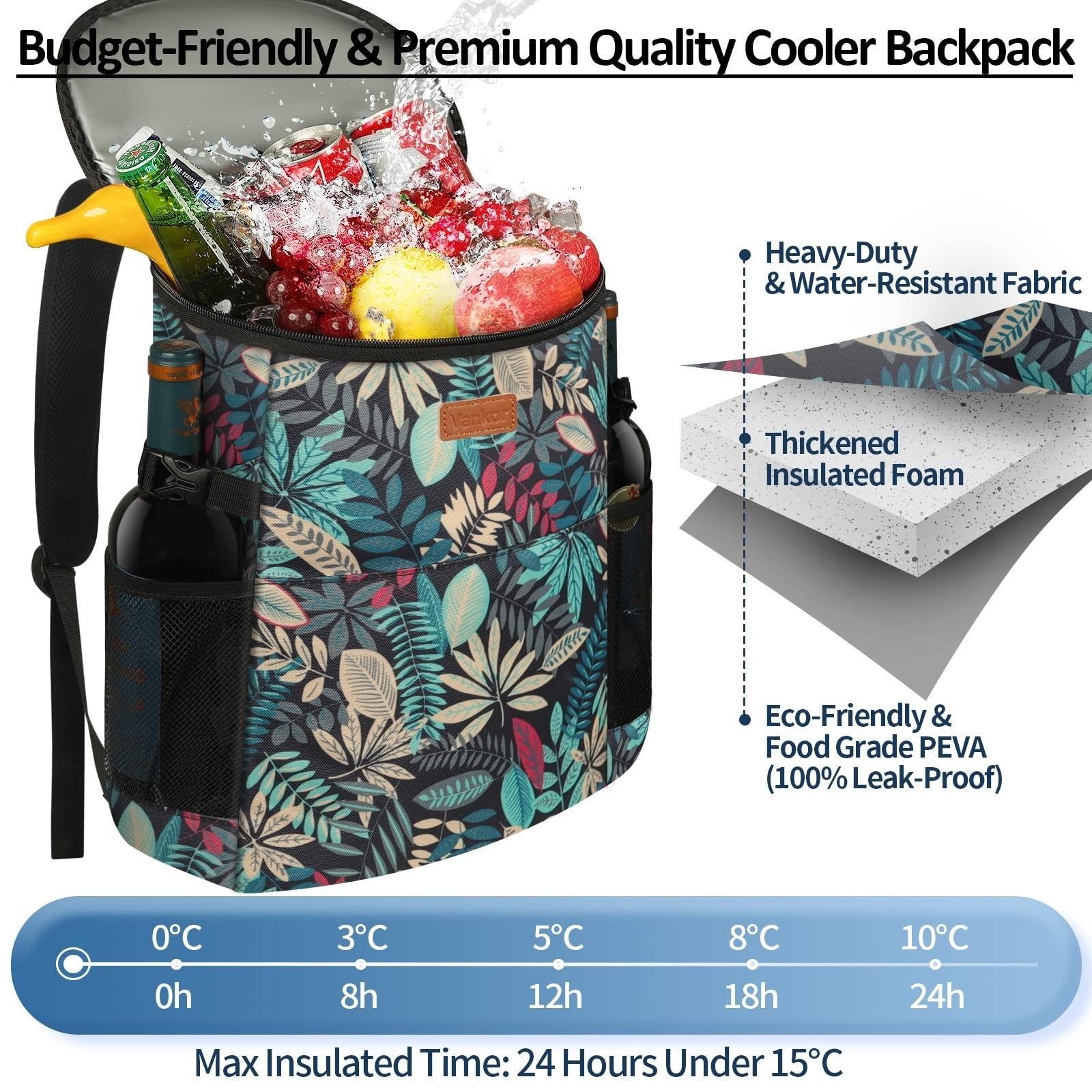 Insulated Camping Cooler Backpack - Holds 30-45 Cans, Waterproof & Leak Proof, I3