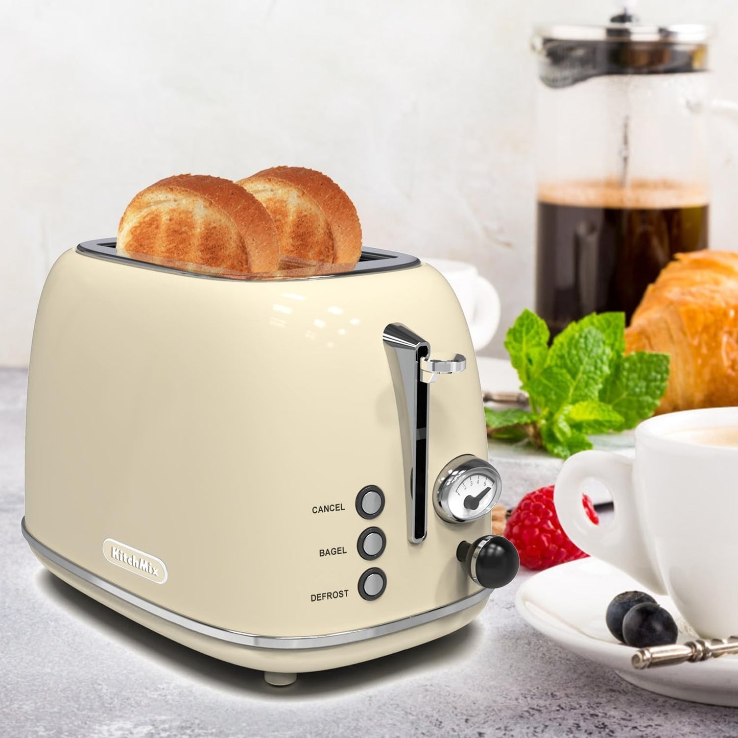 Retro Stainless Steel 2 Slice Toaster with 6 Settings, Extra Wide Slots, Bagel/D7