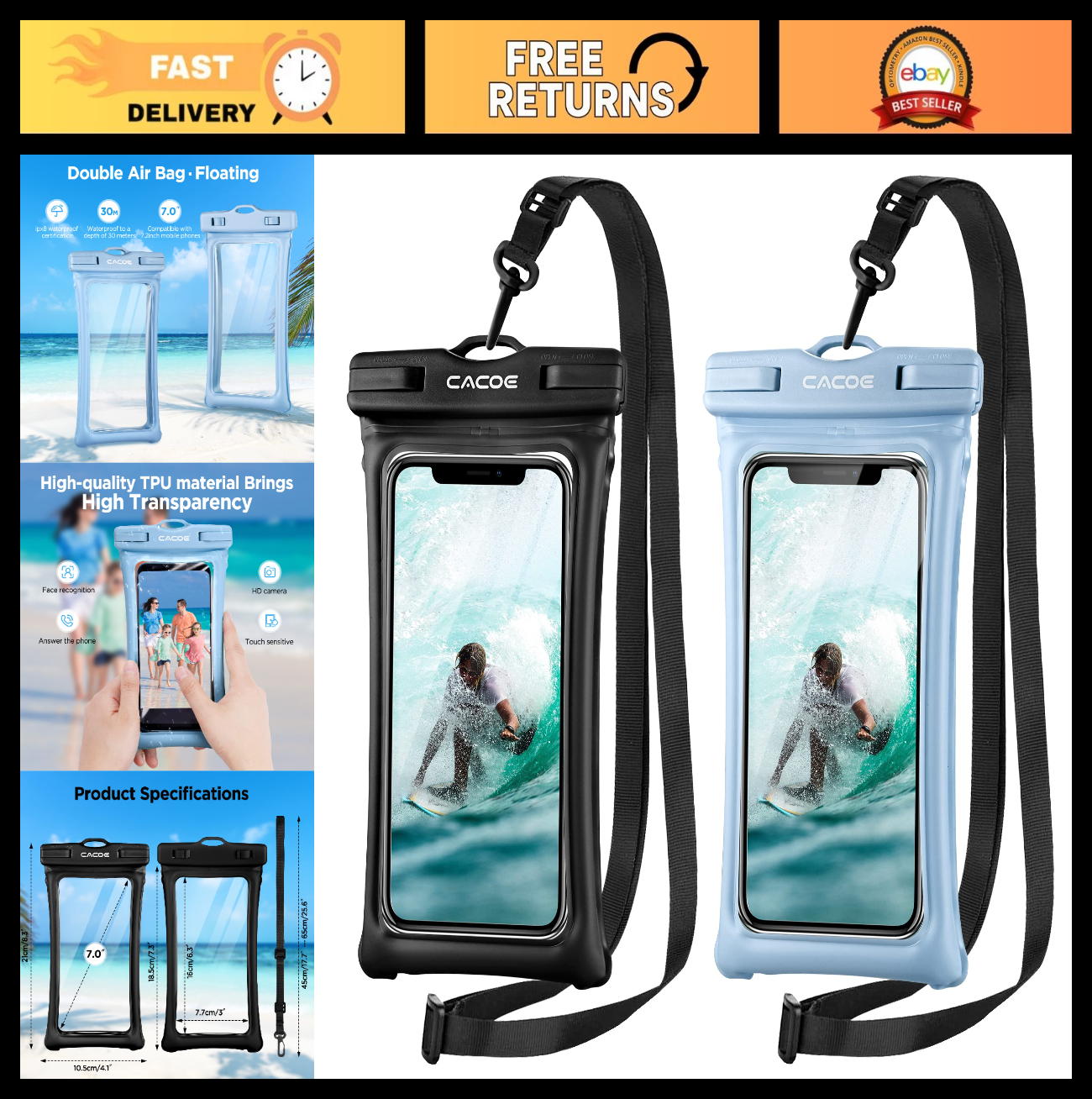 Waterproof Phone Pouch 2 Pack   Floatable IPX8 Case for 7" Phones, Lanyard, Dry0