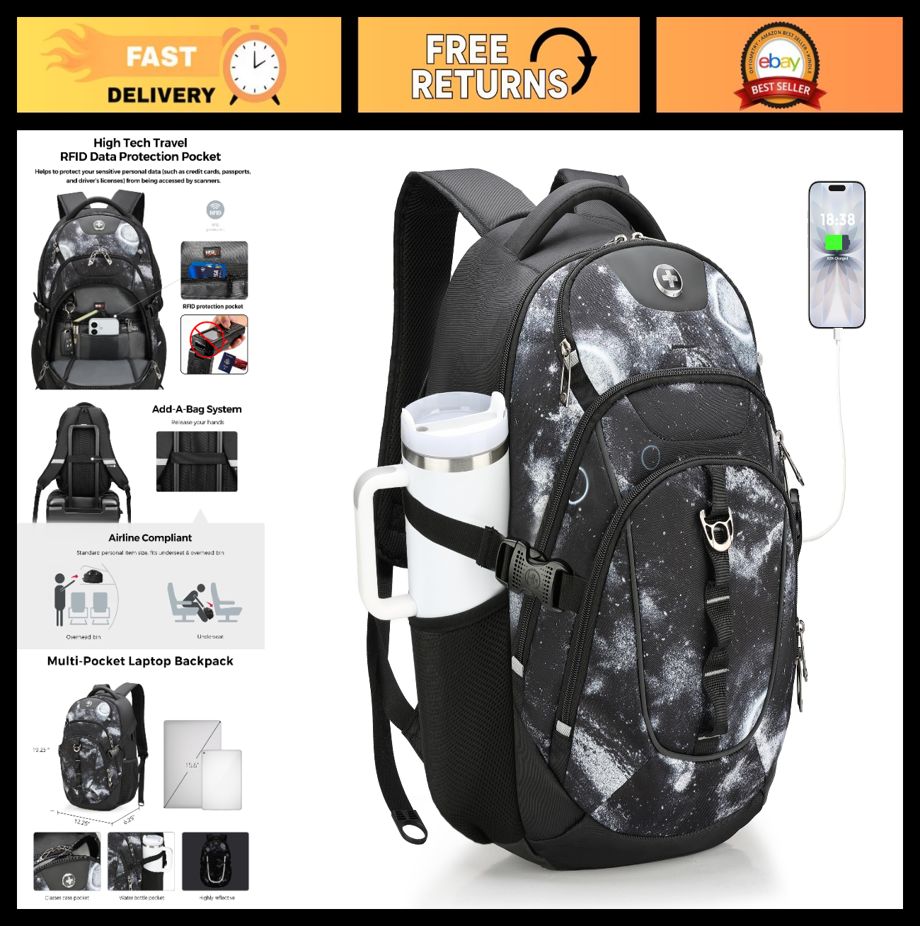 Travel Laptop Backpack with USB Charging Port, Fits 15.6" Computer, 31L, Starry0