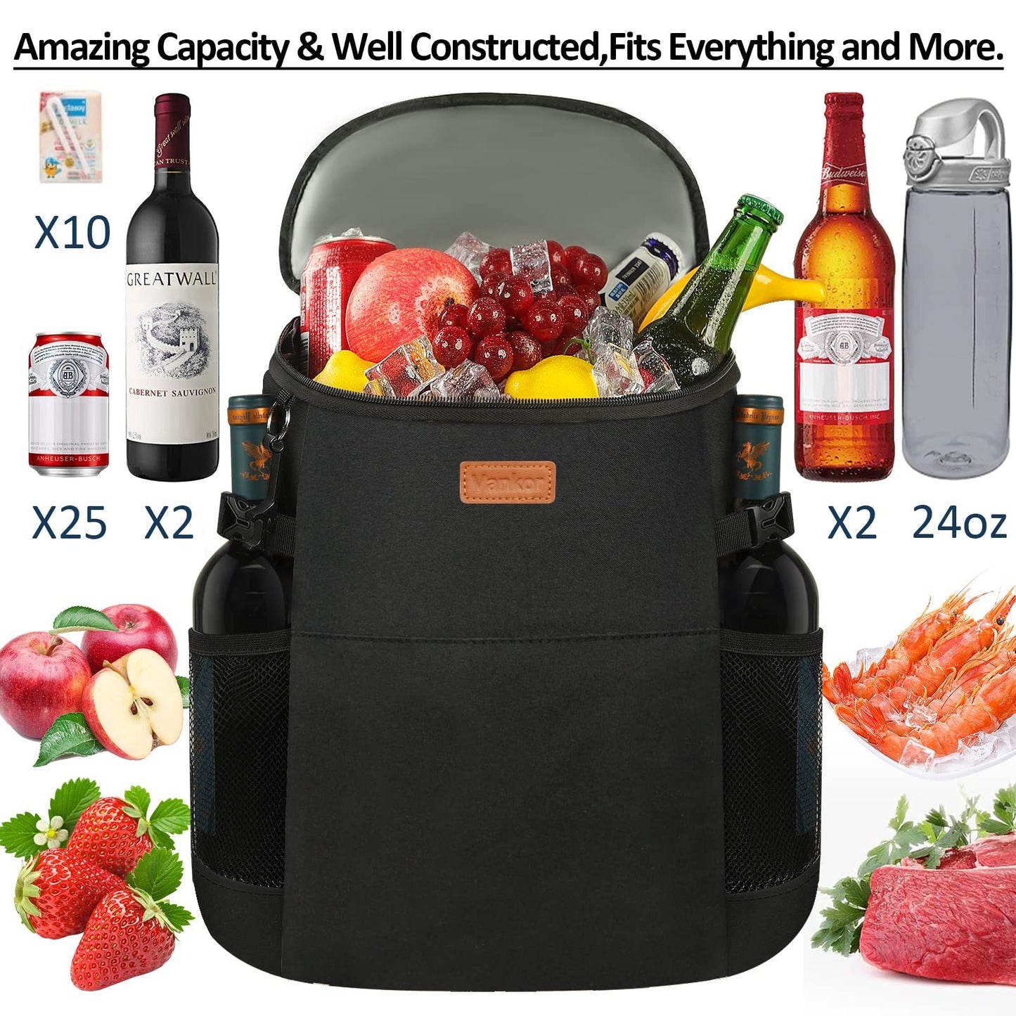 Insulated Camping Cooler Backpack - Holds 30-45 Cans, Waterproof, Leak-Proof, Pe4