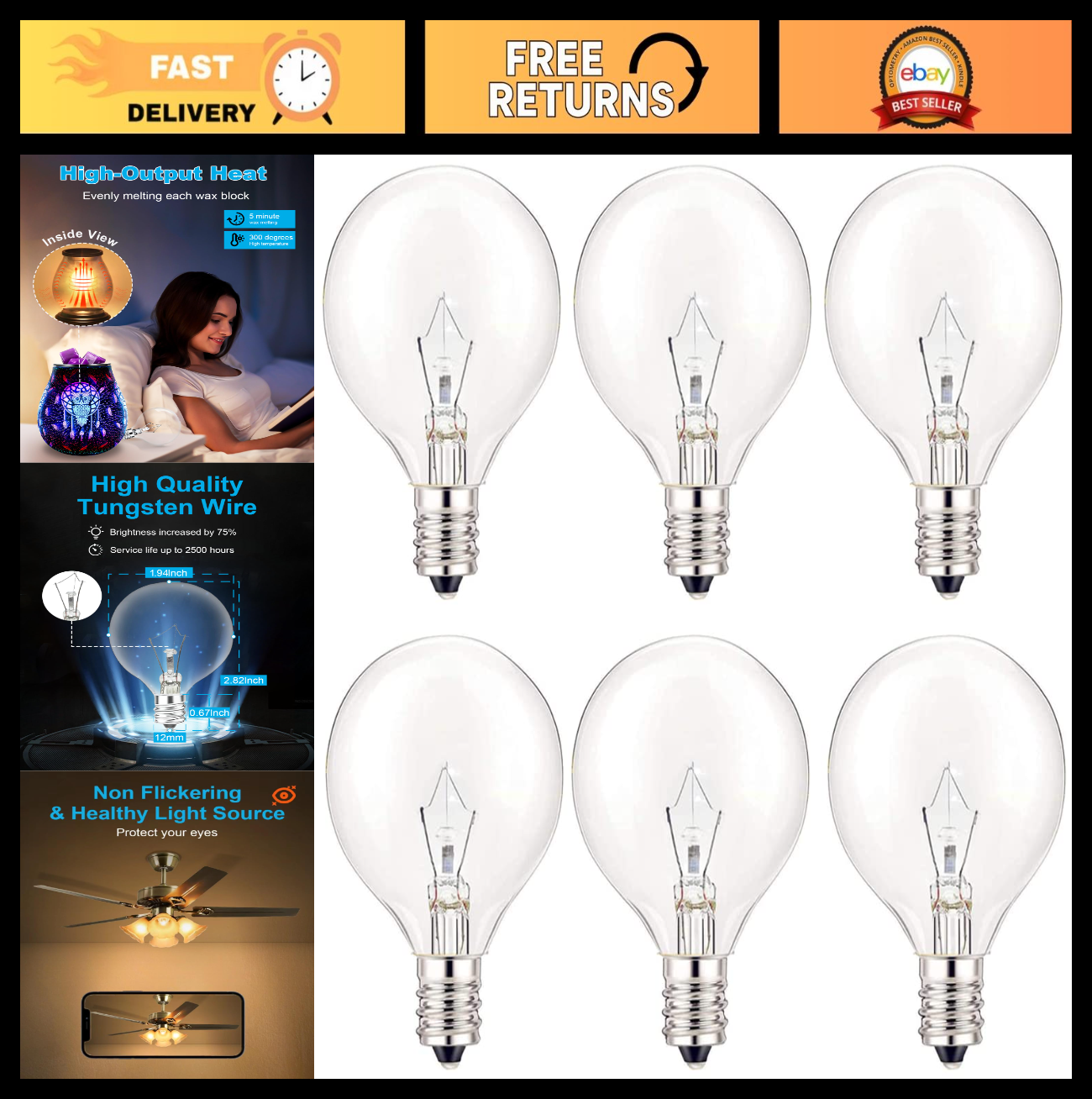 40W Wax Warmer Bulbs, E12 Candelabra Base, Dimmable Warm White Light   6pcs0