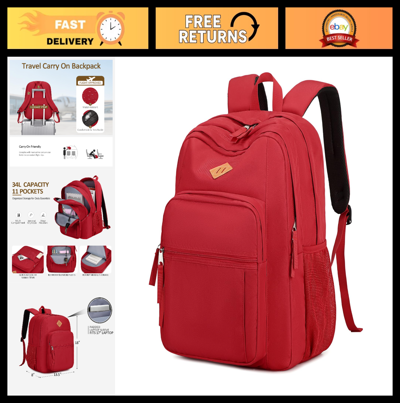 Water Resistant Large Solid Color Backpack for College, School, Travel   Red0