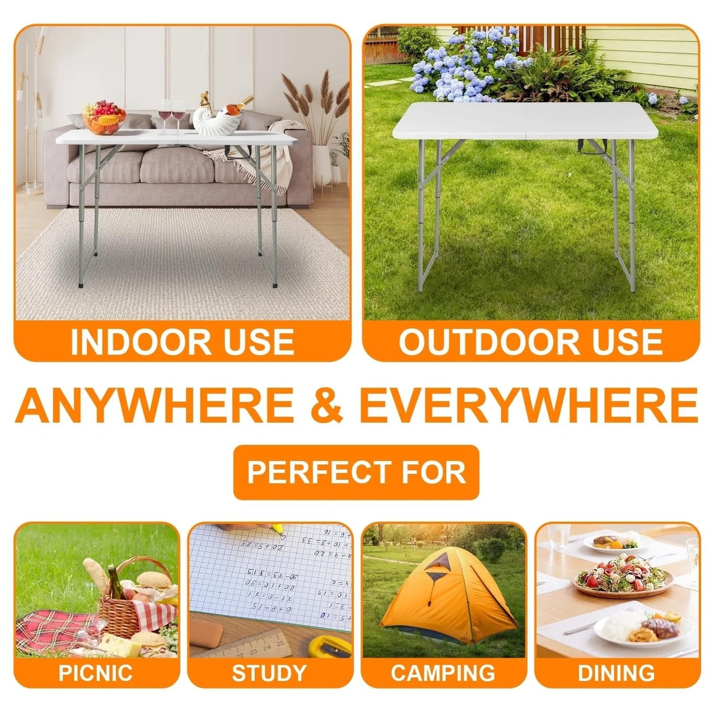 Portable 4ft Folding Table - Heavy Duty, Adjustable Height, Indoor/Outdoor Use,6
