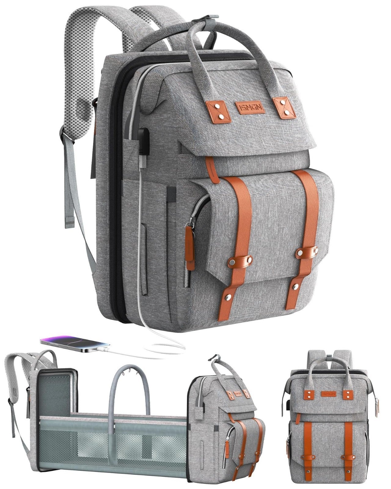 Diaper Bag Backpack with Changing Station, Stylish Baby Shower Gift, Grey1