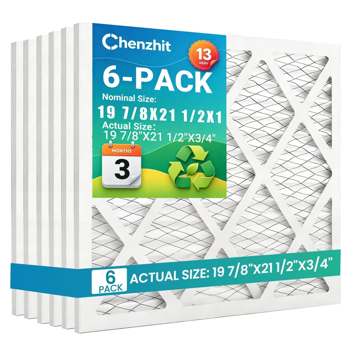 6-Pack MERV 13 Pleated Air Filters 19 7/8"x21 1/2"x3/4" - MPR 1900, FPR 101