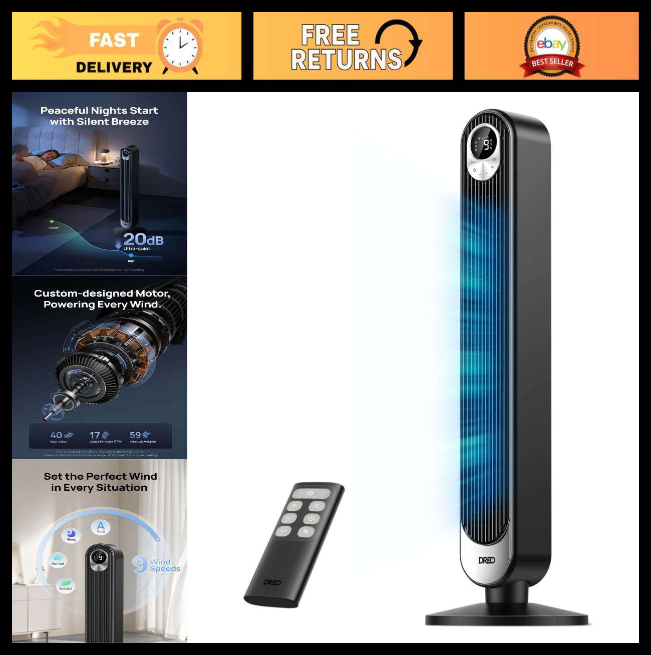 High Velocity 28ft/s Tower Fan, 20dB Quiet, 9 Speeds, 4 Modes, 12H Timer, 90° Os0
