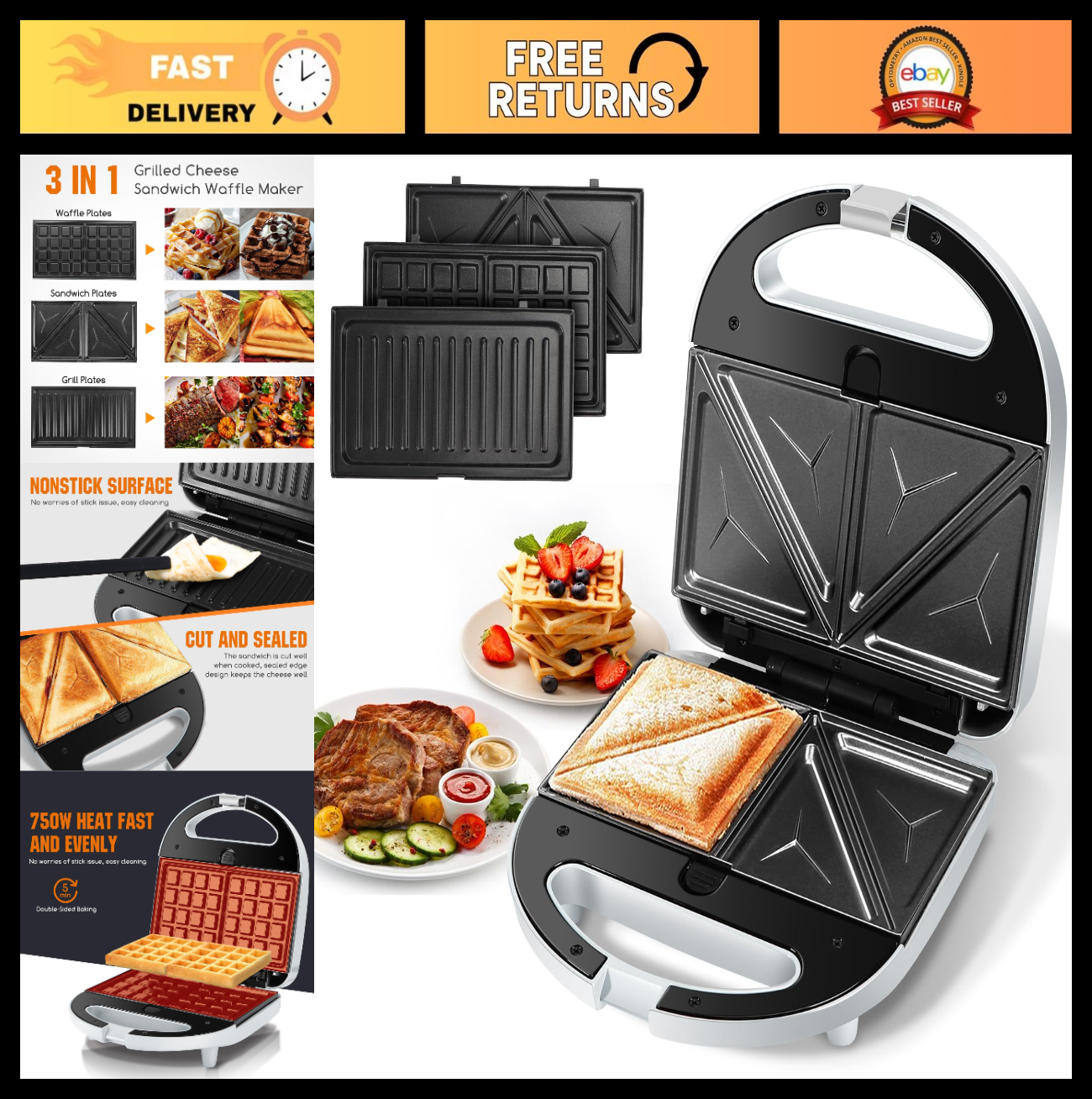 3-in-1 Sandwich Maker & Waffle Maker - Non-Stick Electric Grill with Cool Touch0