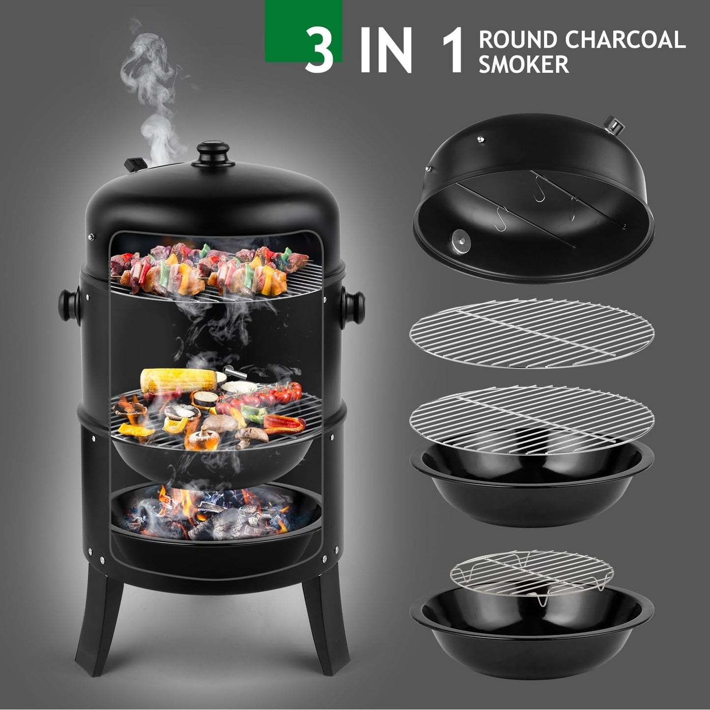 17 Inch Vertical Charcoal Smoker Grill - 3-in-1 Portable Outdoor Cooker with The5