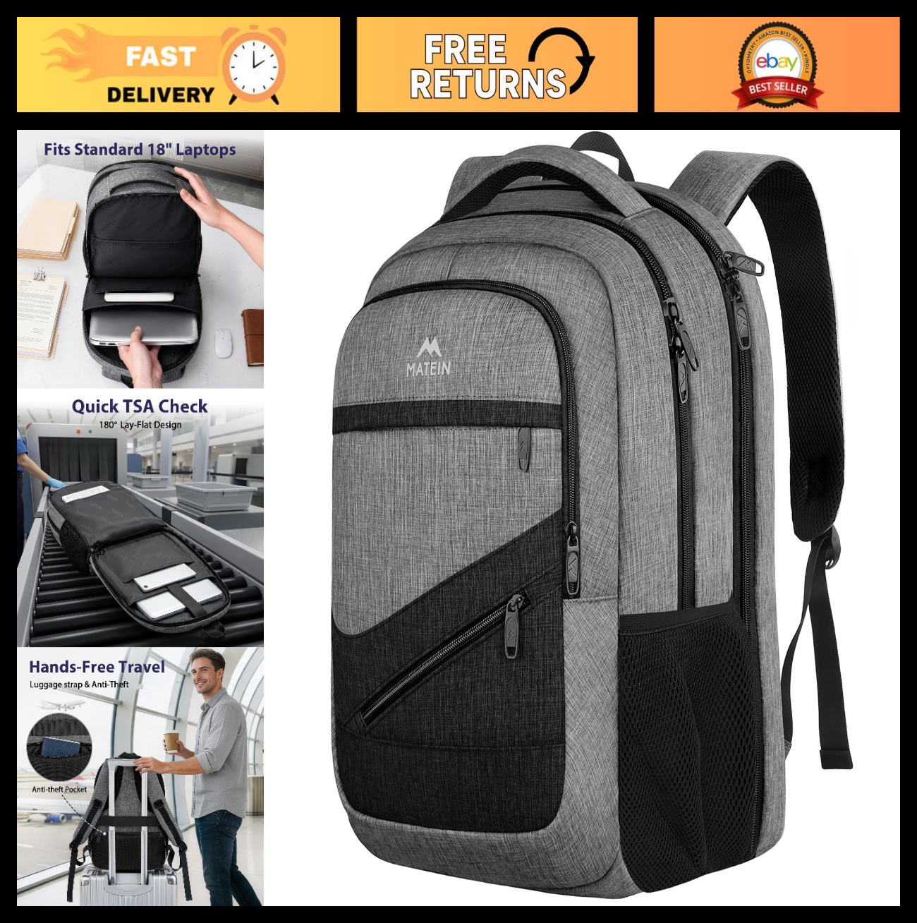 Extra Large 18" Laptop Backpack, Airplane Approved Carry On, Travel Bag, Durable0