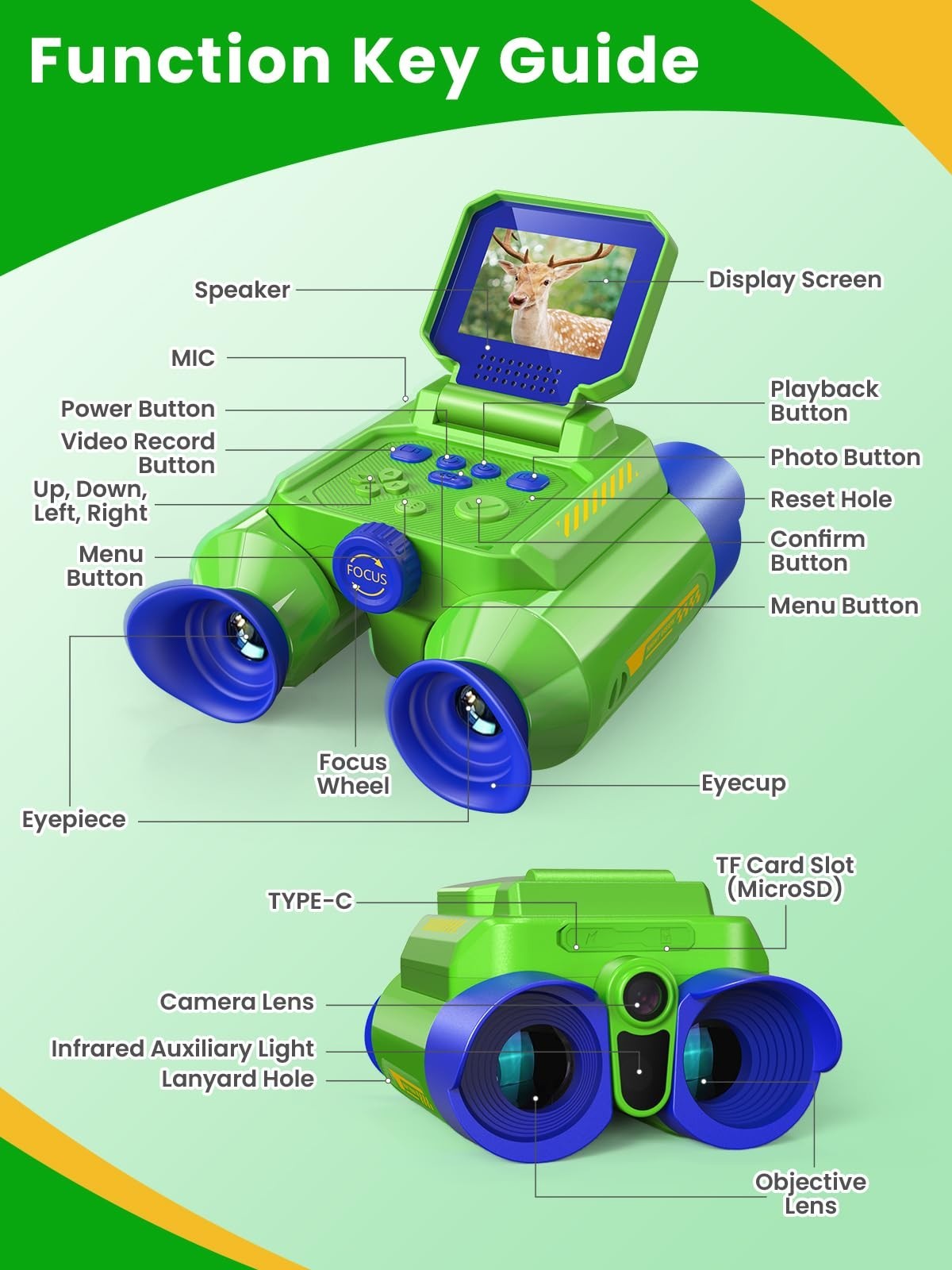 Kids Binoculars with Night Vision & Camera, 10X Zoom Telescope for Ages 3 10+2