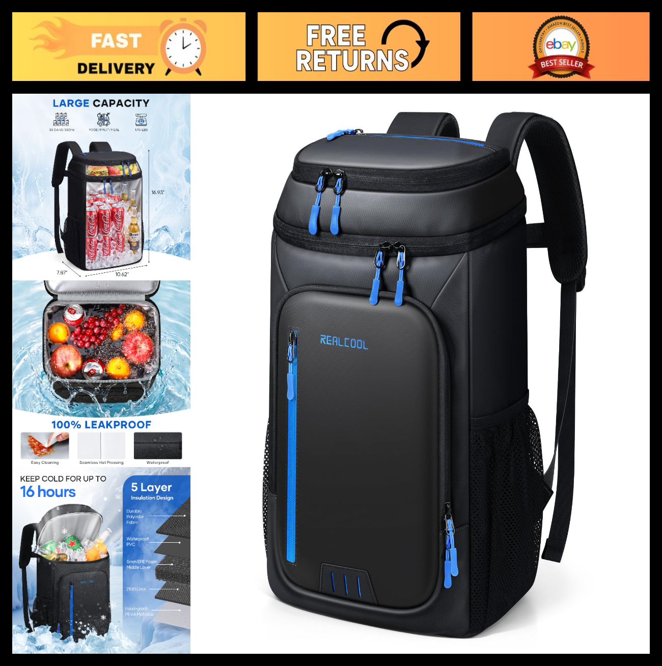 Insulated Cooler Backpack for 33 Cans - Leakproof, Waterproof, Anti-Theft, Ideal0