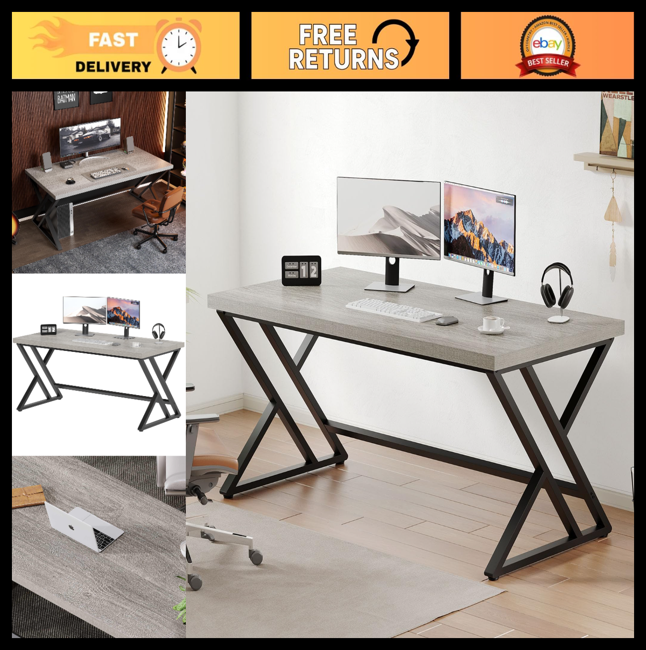 47 Inch Industrial Grey Computer Desk - Modern Wooden Home Office Writing Table0