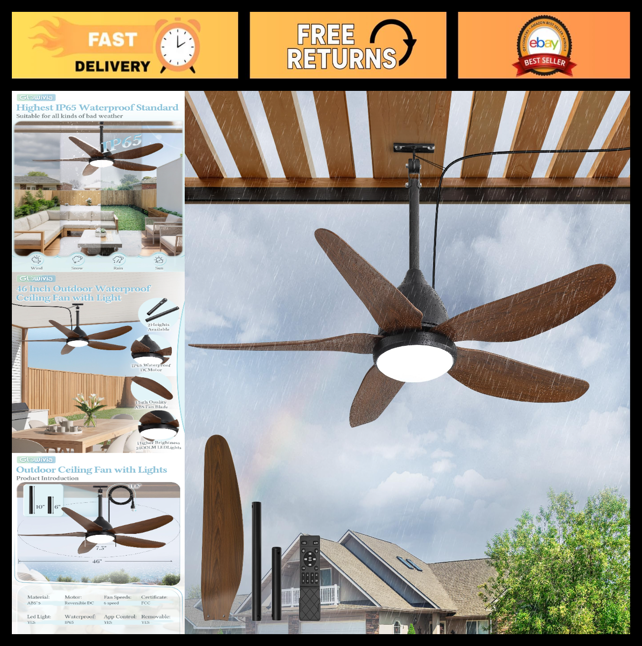 46" Waterproof Outdoor Ceiling Fan with Lights, Remote & APP Control, 6 Speeds,0