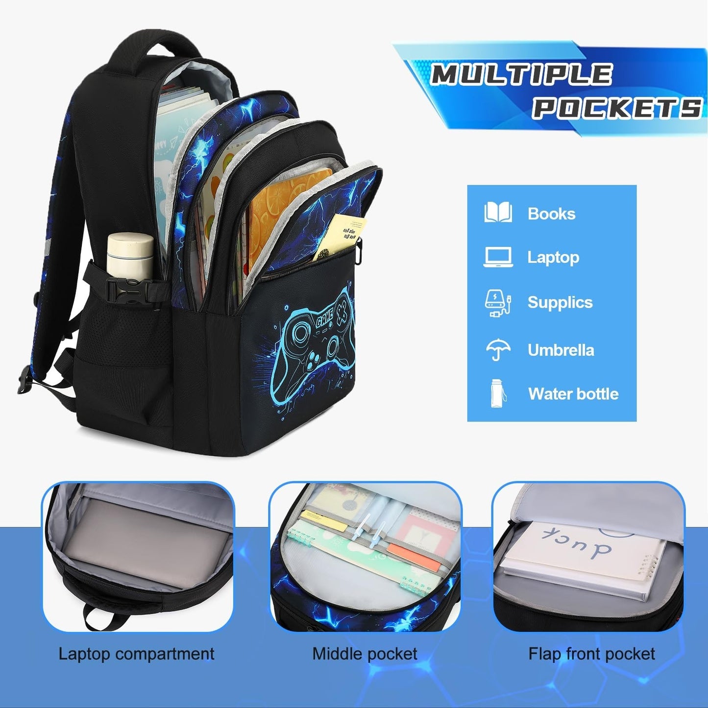 Cool Luminous Gamer Backpack Set for Boys   6PCS with Lunch Bag & Pencil Case, S6