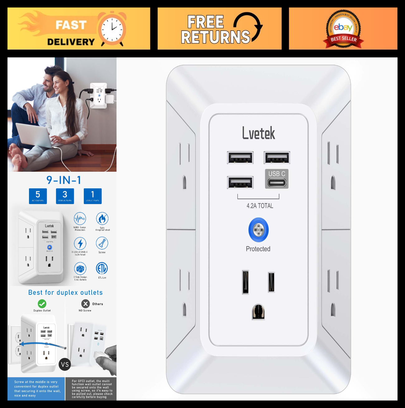 5-Outlet Wall Extender with 4 USB Ports & Surge Protection - Power Strip for Hom0