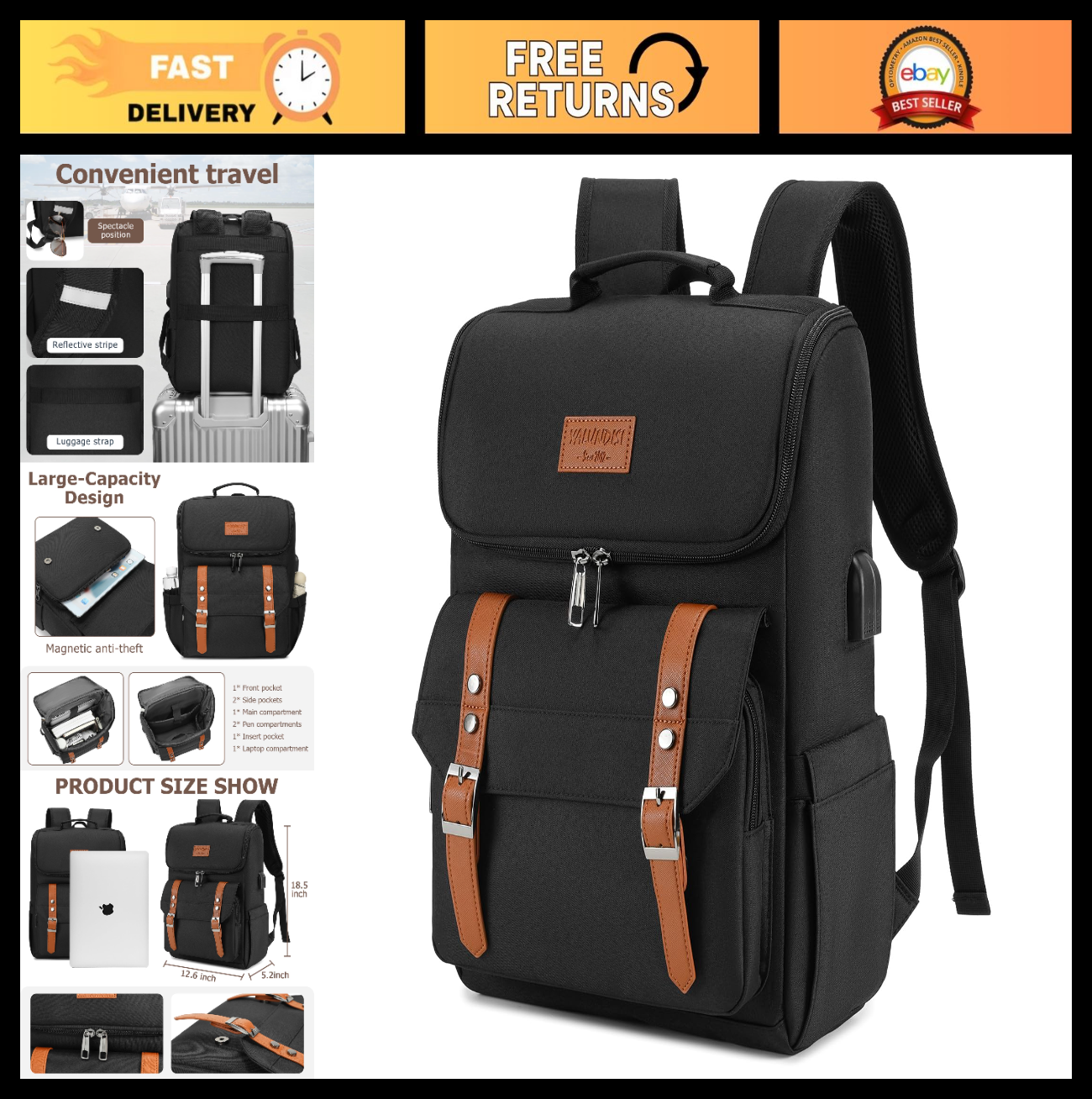 Vintage Travel Laptop Backpack with USB Charging Port for 15.6" Laptops - Black/0