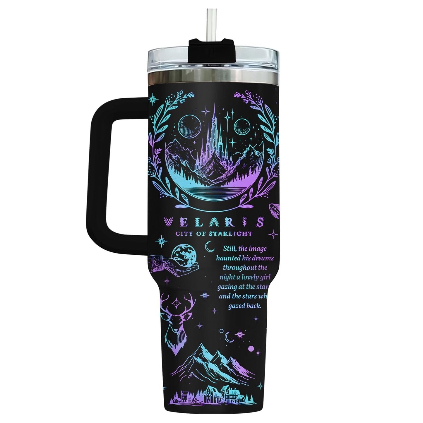 40oz Insulated Tumbler with Handle & Straw   Celestial Night Sky Design, Perfect2