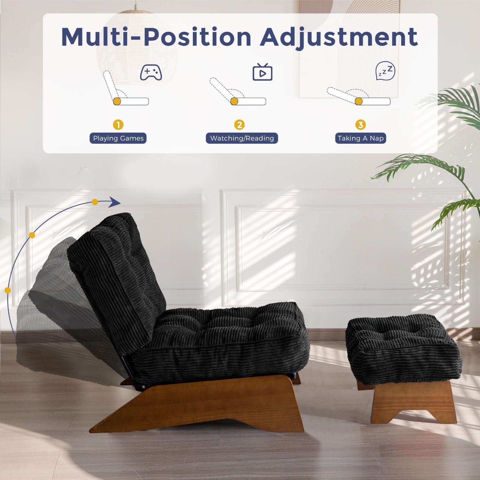 Cozy Tufted Accent Chair & Ottoman Set, Adjustable Backrest, Modern Recliner for5