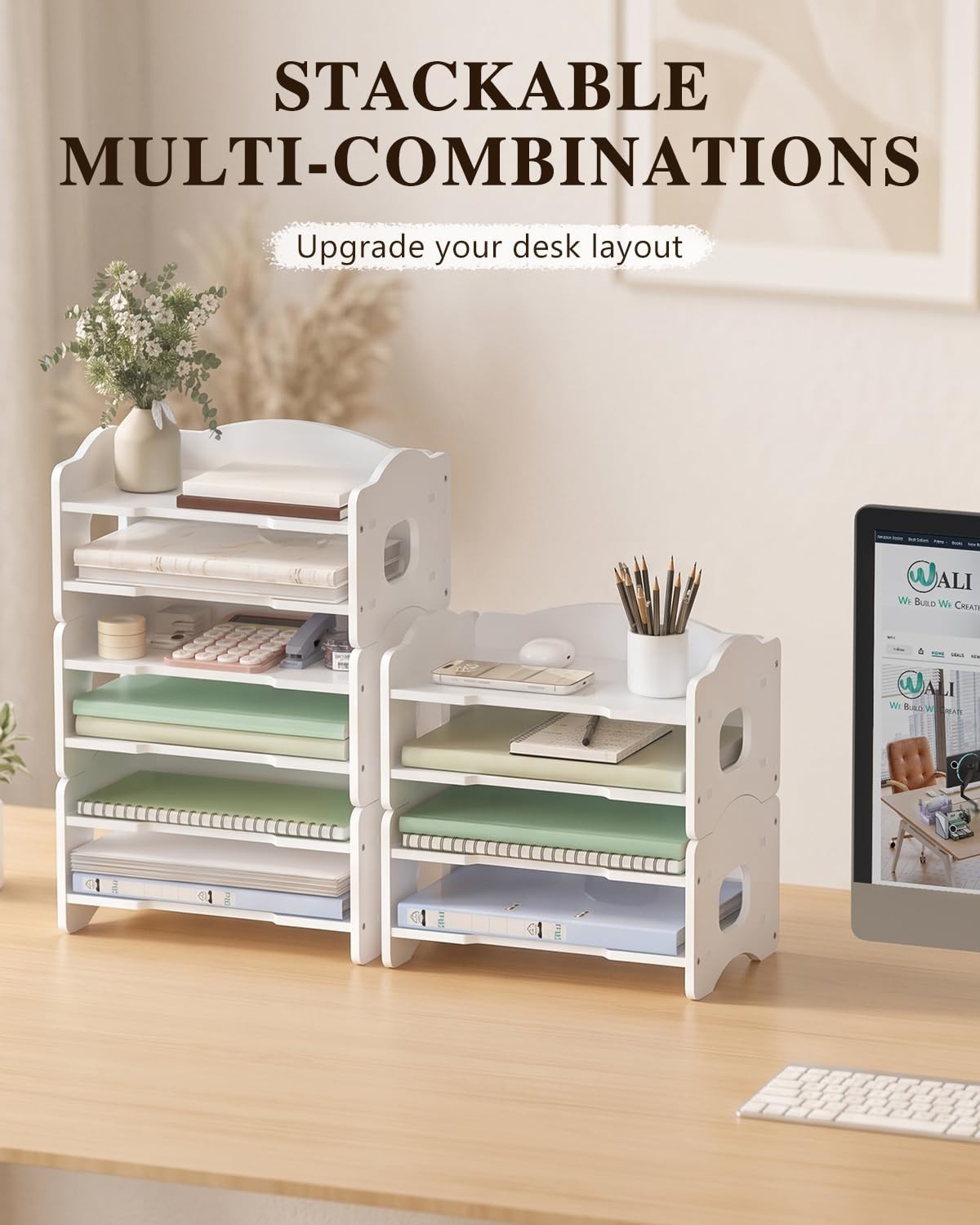 2 Tier Stackable Desk File Organizer with Handle   Paper Letter Tray for Office,7