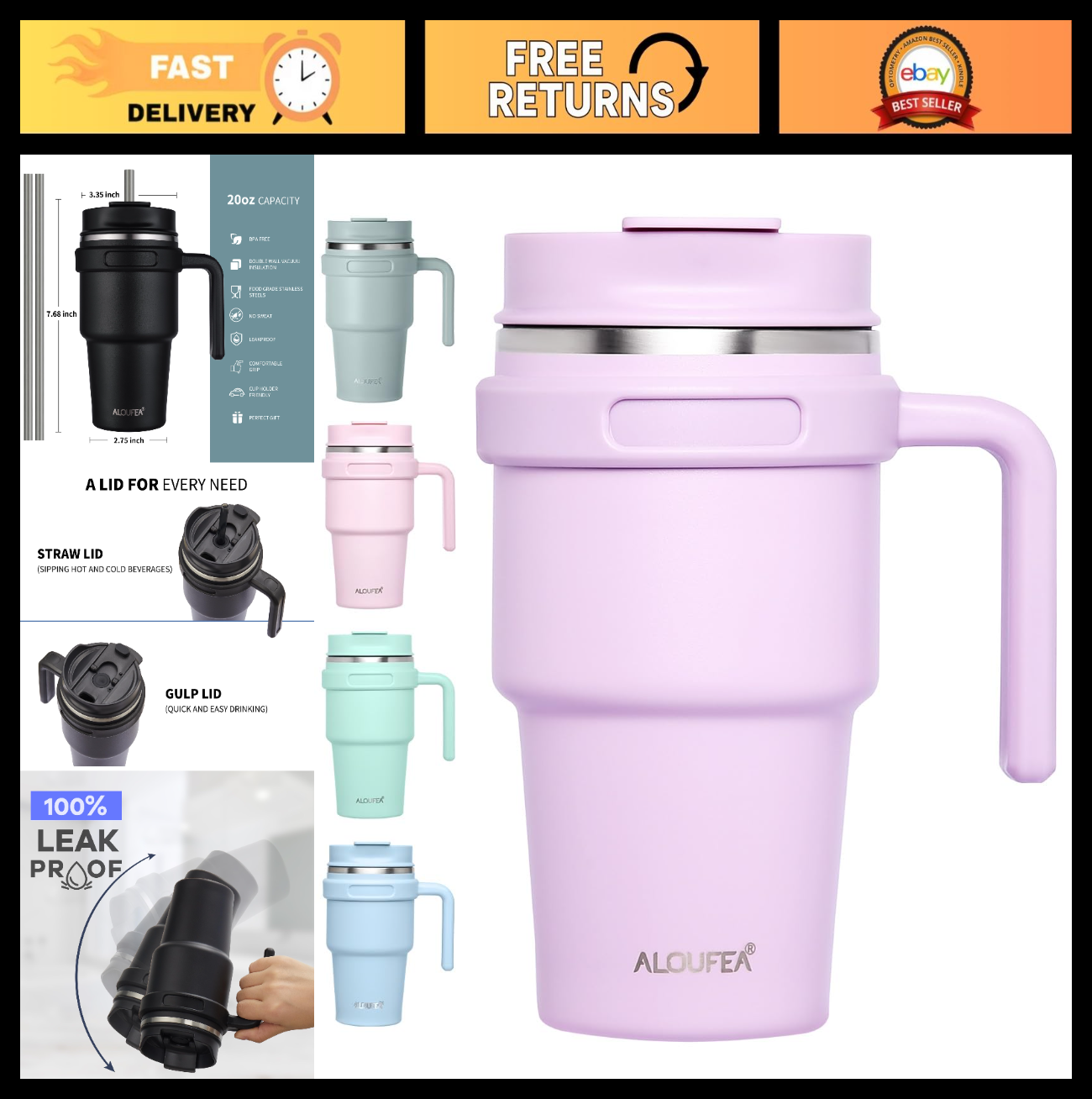 Insulated 20 oz Coffee Mug with Handle - Stainless Steel Travel Tumbler, Lid & S0