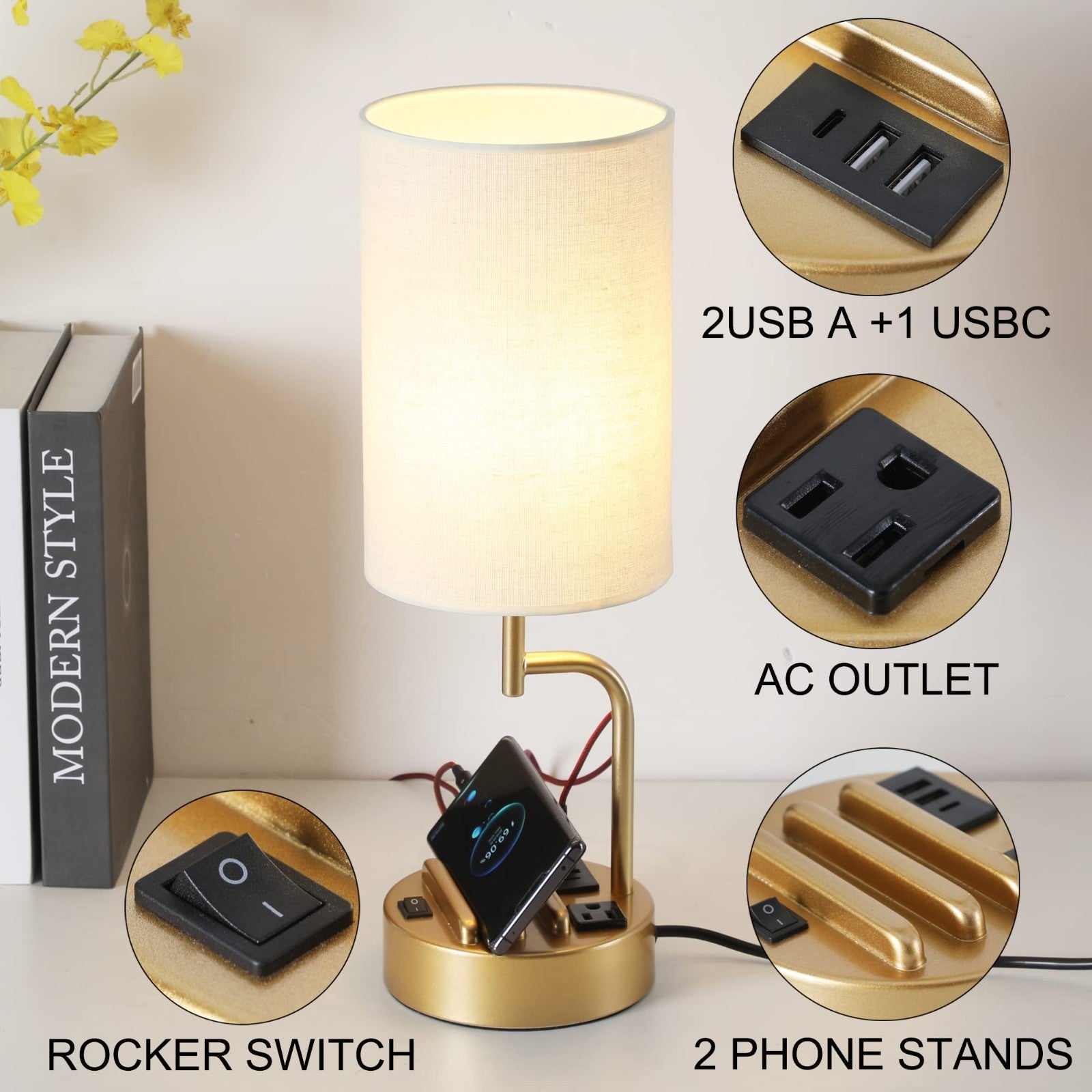 Modern Table Lamp with 3 USB Ports & AC Outlet, Bedside Desk Light, Set of 2   G2