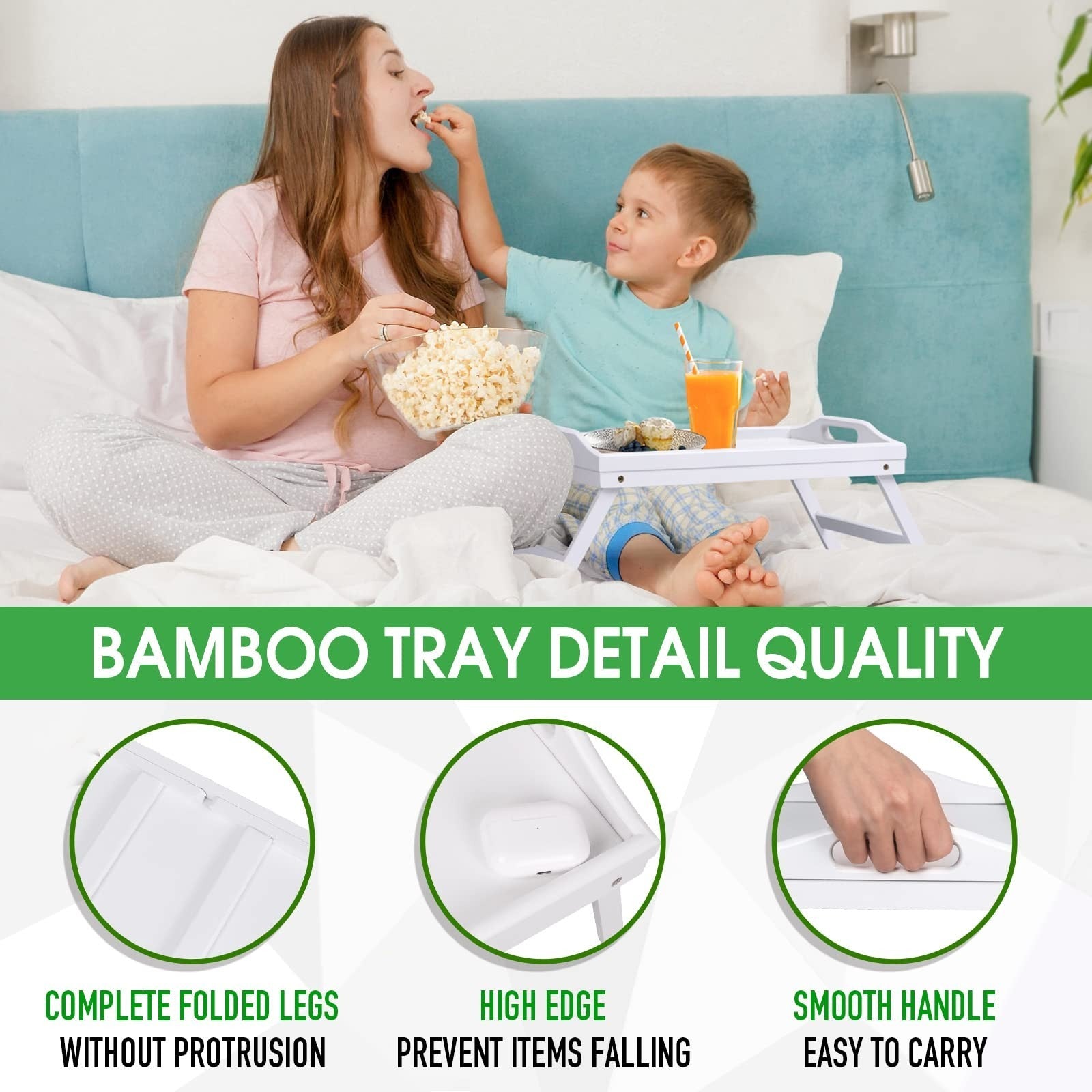Foldable Bamboo Bed Tray Table with Handles - Ideal for Breakfast, Snacks, Lapto4