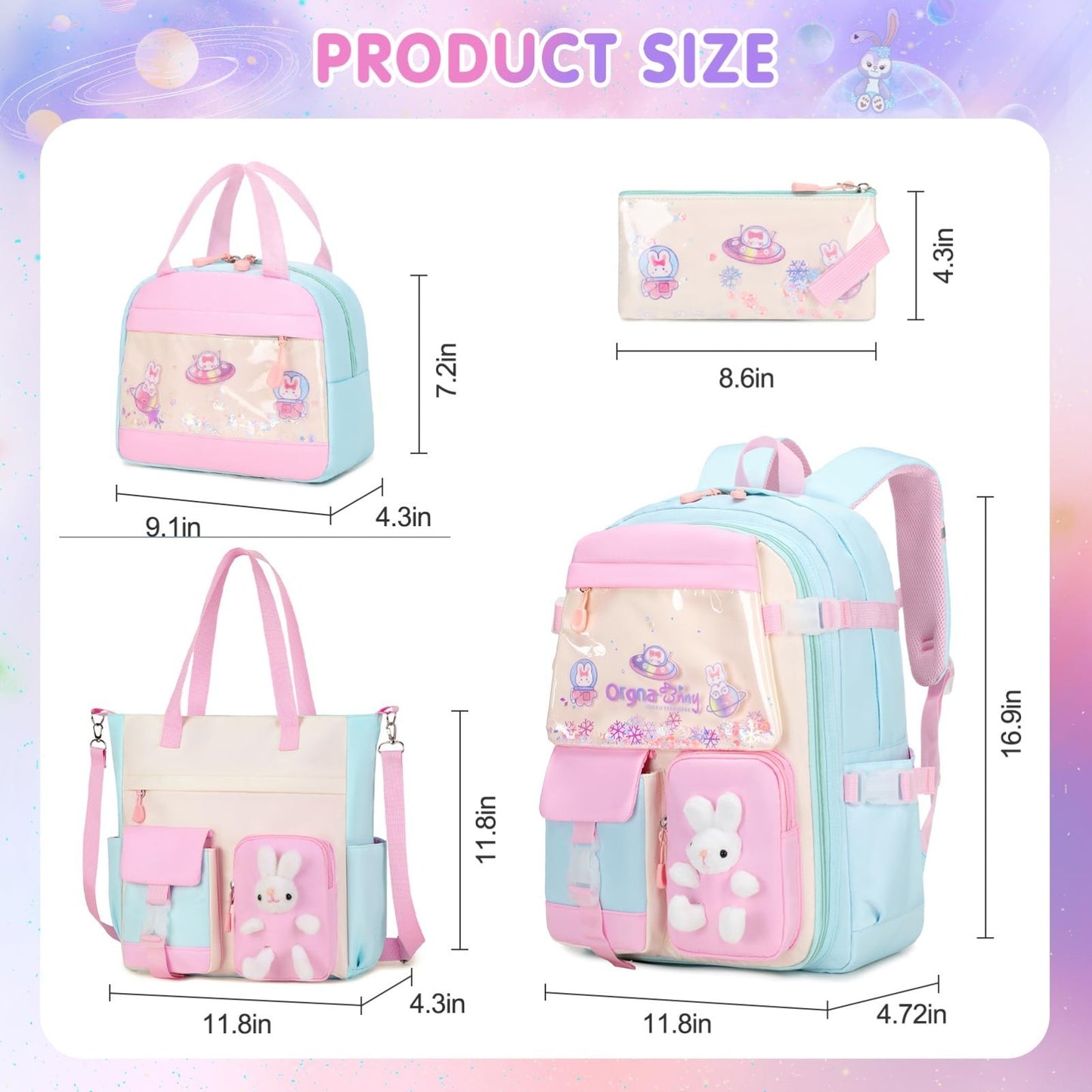 Kawaii Bunny Girls Backpack Set 4PCS   Tote, Lunch Box, Pencil Case   School Bag2