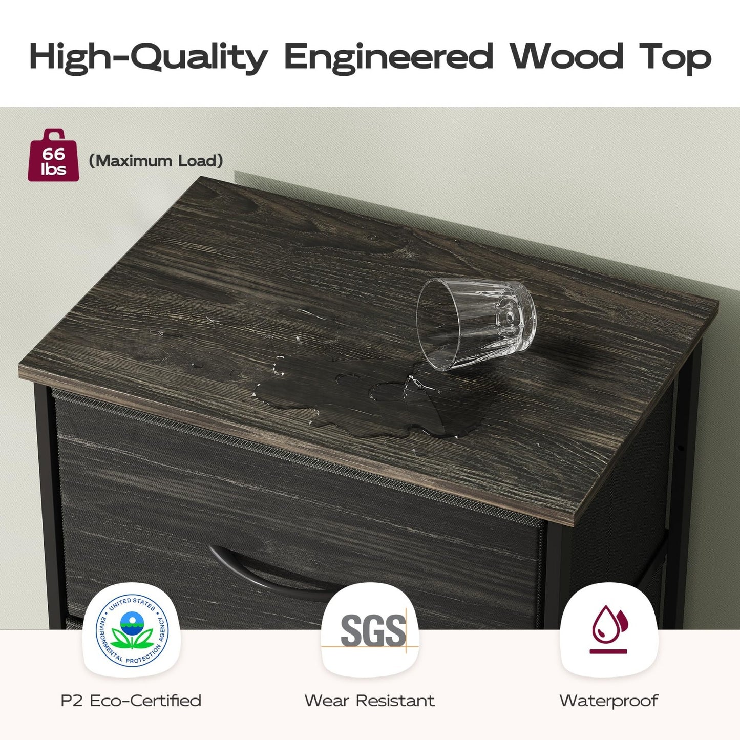 5-Drawer Tall Dresser Chest, Vertical Fabric Drawers, Black Wood Grain, Space-Sa7