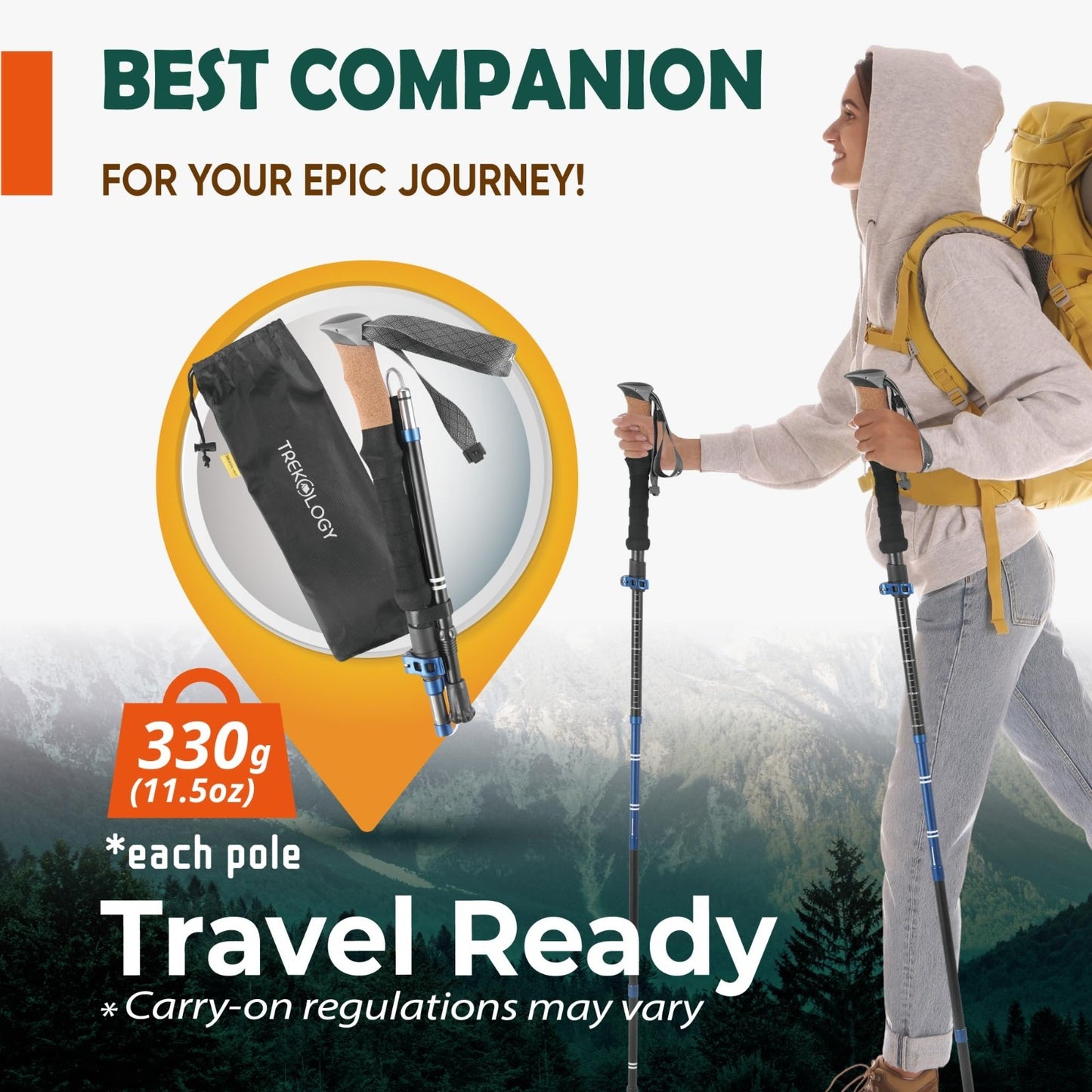 Lightweight Adjustable Trekking Poles with Cork Grip - Compact Hiking Sticks for5