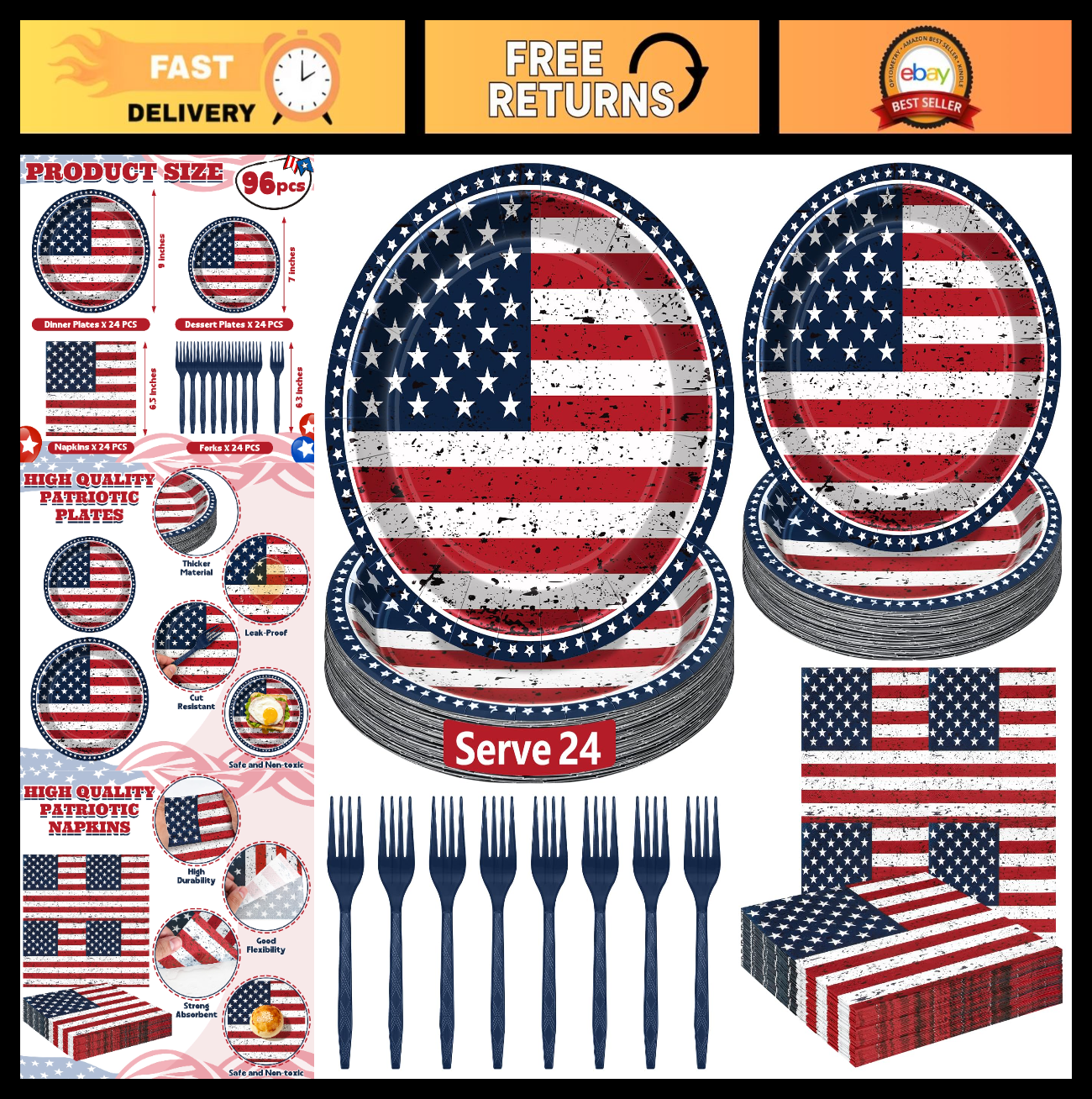96PCS 4th of July Party Supplies - American Flag Plates, Napkins & Forks Set0