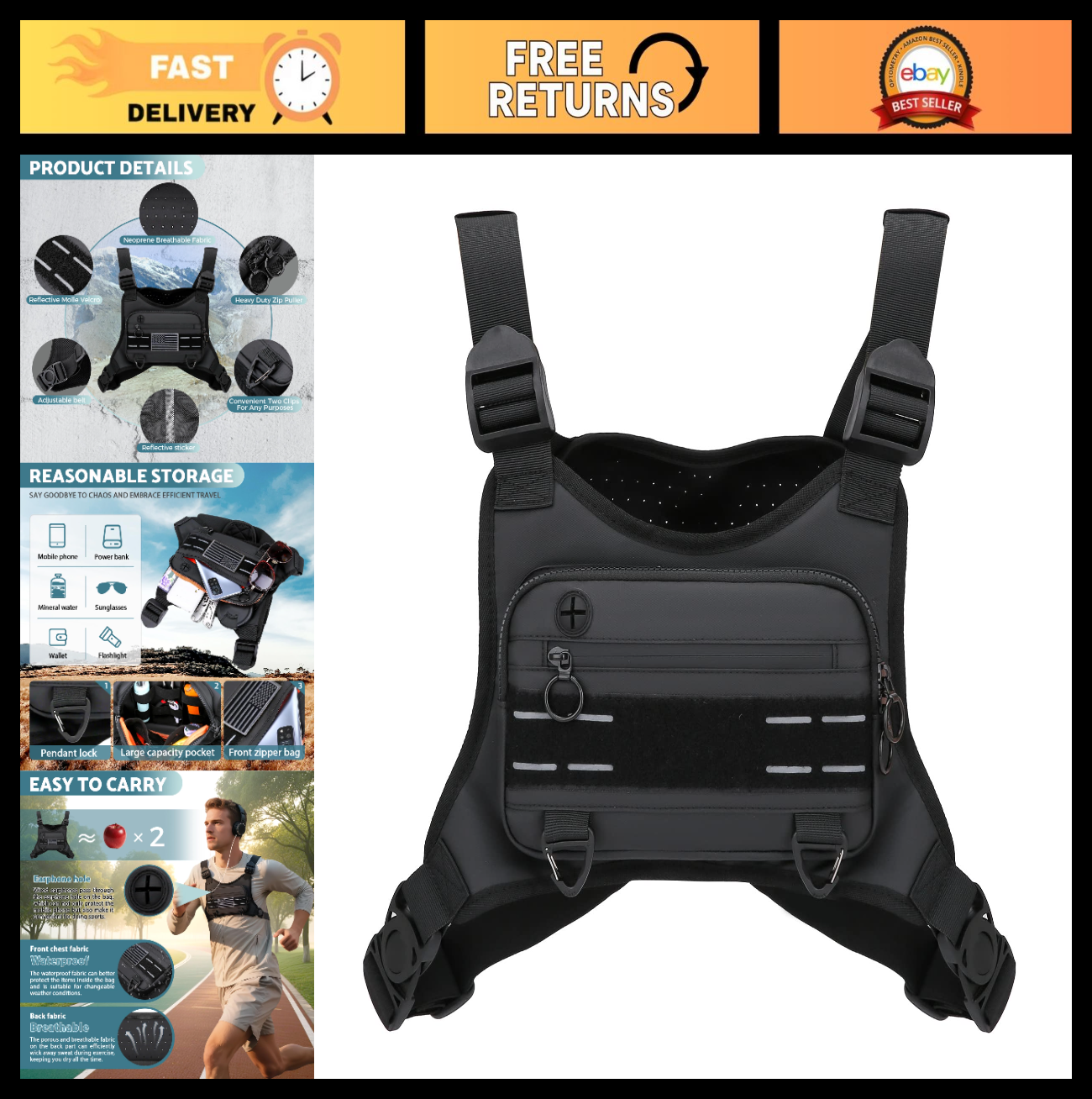 Lightweight Water-Resistant Chest Bag for Men - Front Running Vest with Phone Ho0
