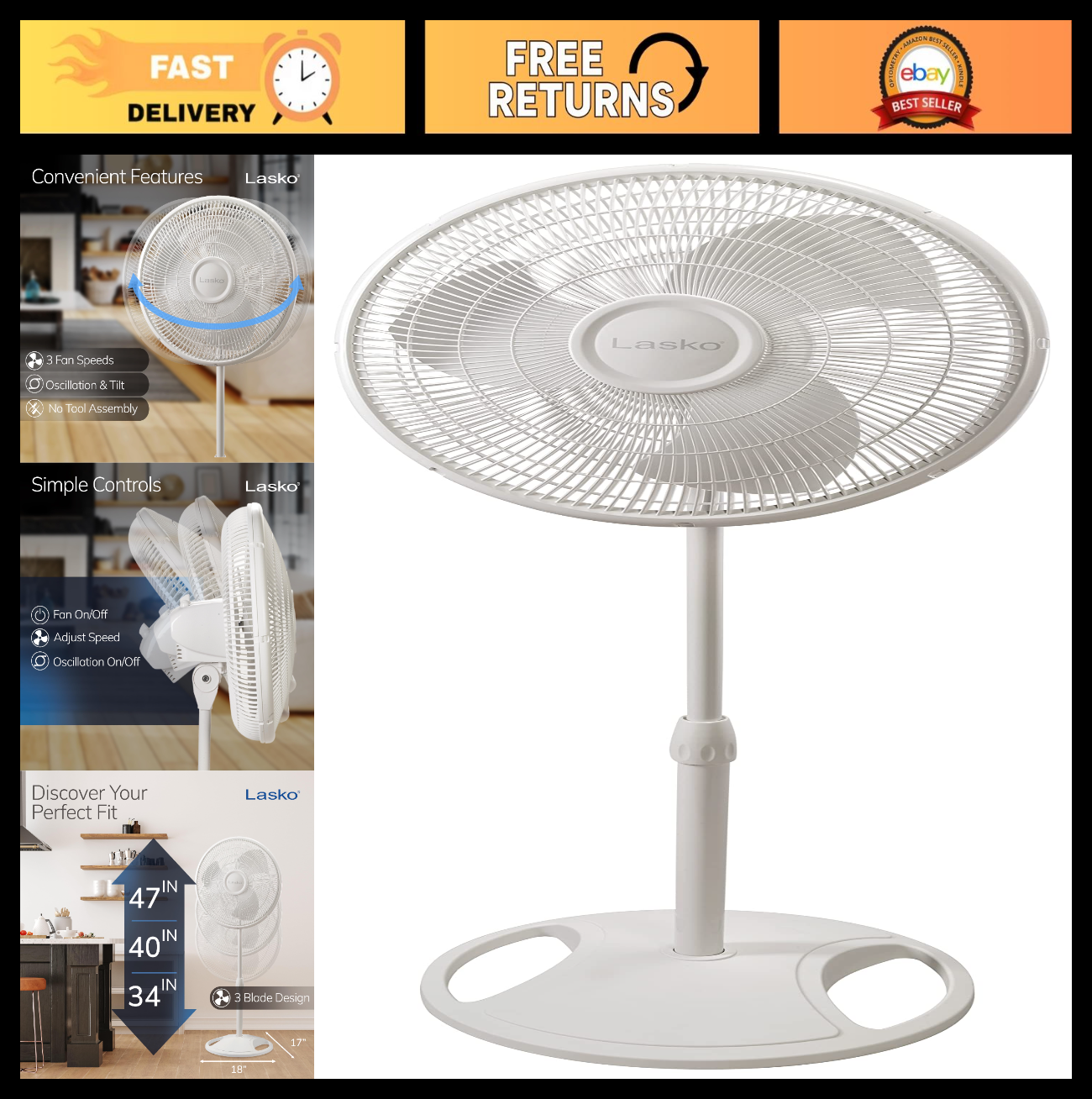 Adjustable 47" Oscillating Pedestal Fan   16" Blade, 3 Quiet Speeds, Cooling for0