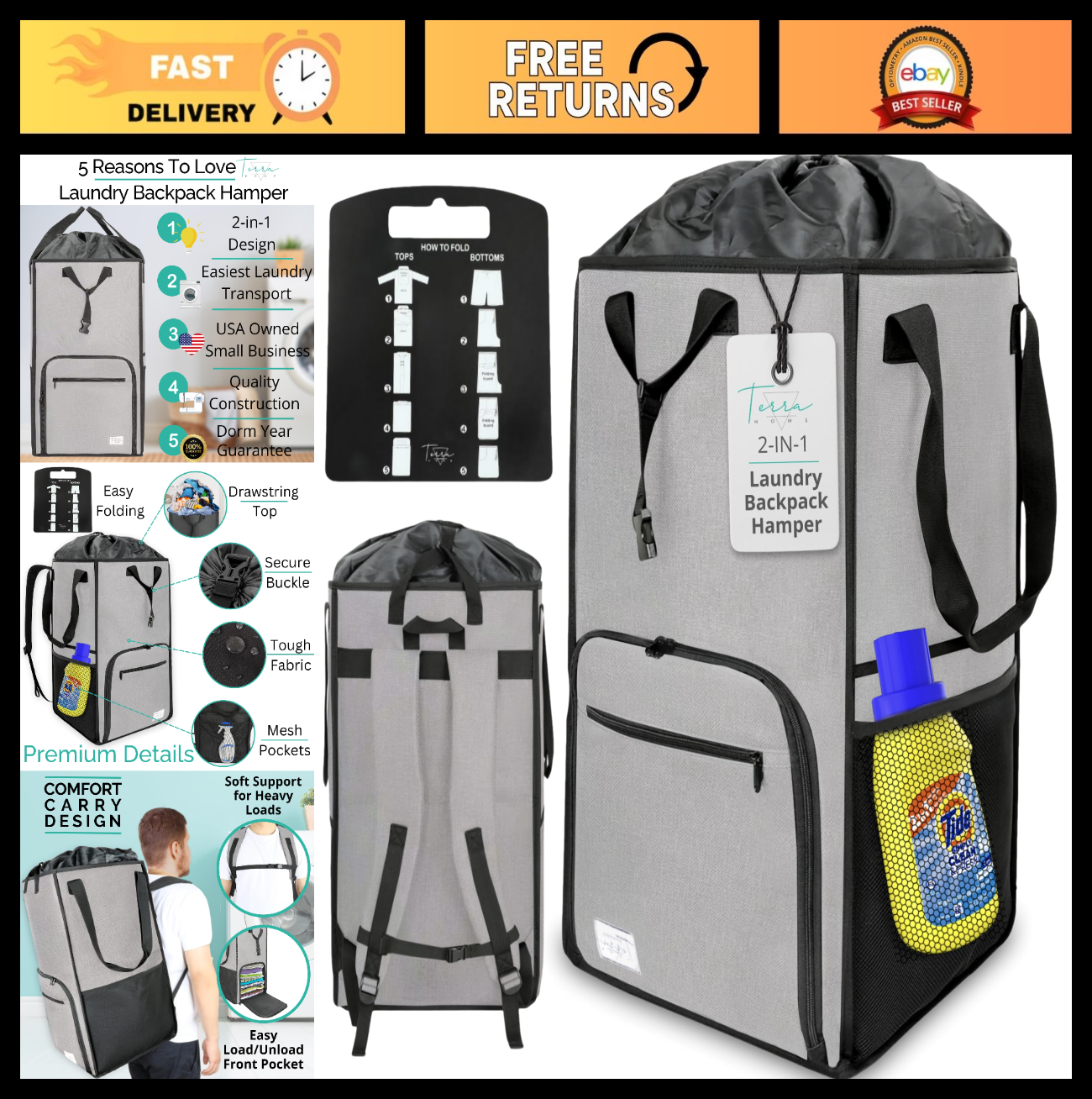 Extra Large Portable Laundry Bag with Chest Strap - Collapsible Hamper for Colle0