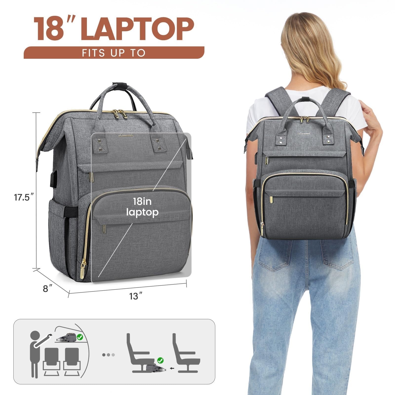 Stylish 18" Laptop Backpack for Women   Waterproof Travel Bag with USB Port, Gre4