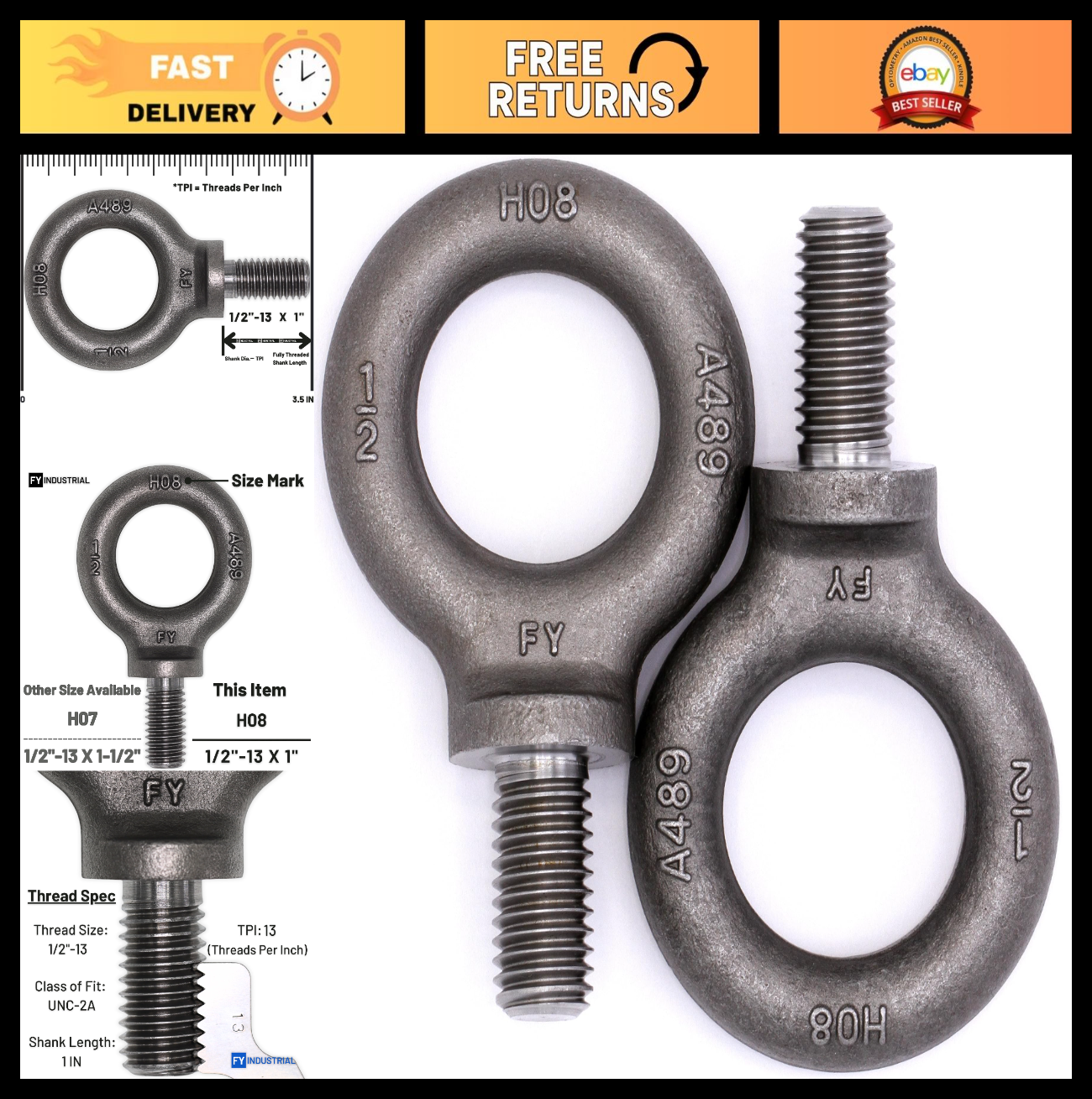 2 Pcs Heavy-Duty Lifting Shoulder Eye Bolts 1/2"-13 X 1 for Secure Rigging0