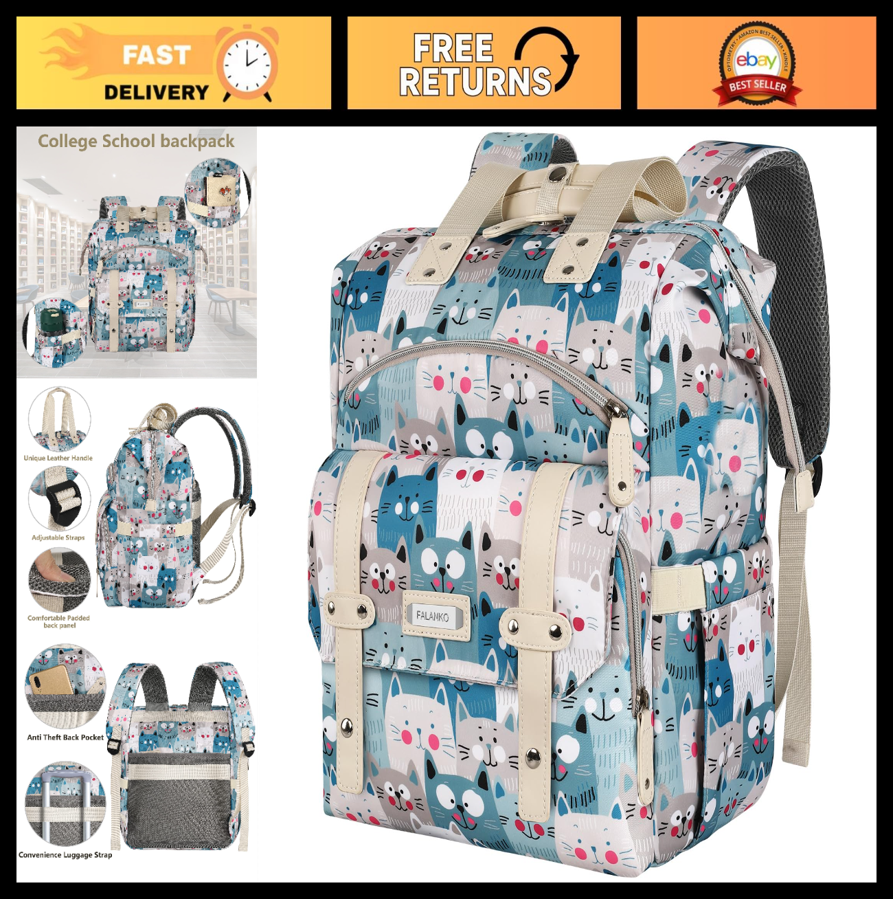 Cute Cartoon Laptop Backpack for Women, 15.6" RFID Anti Theft Travel Bag, Work P0