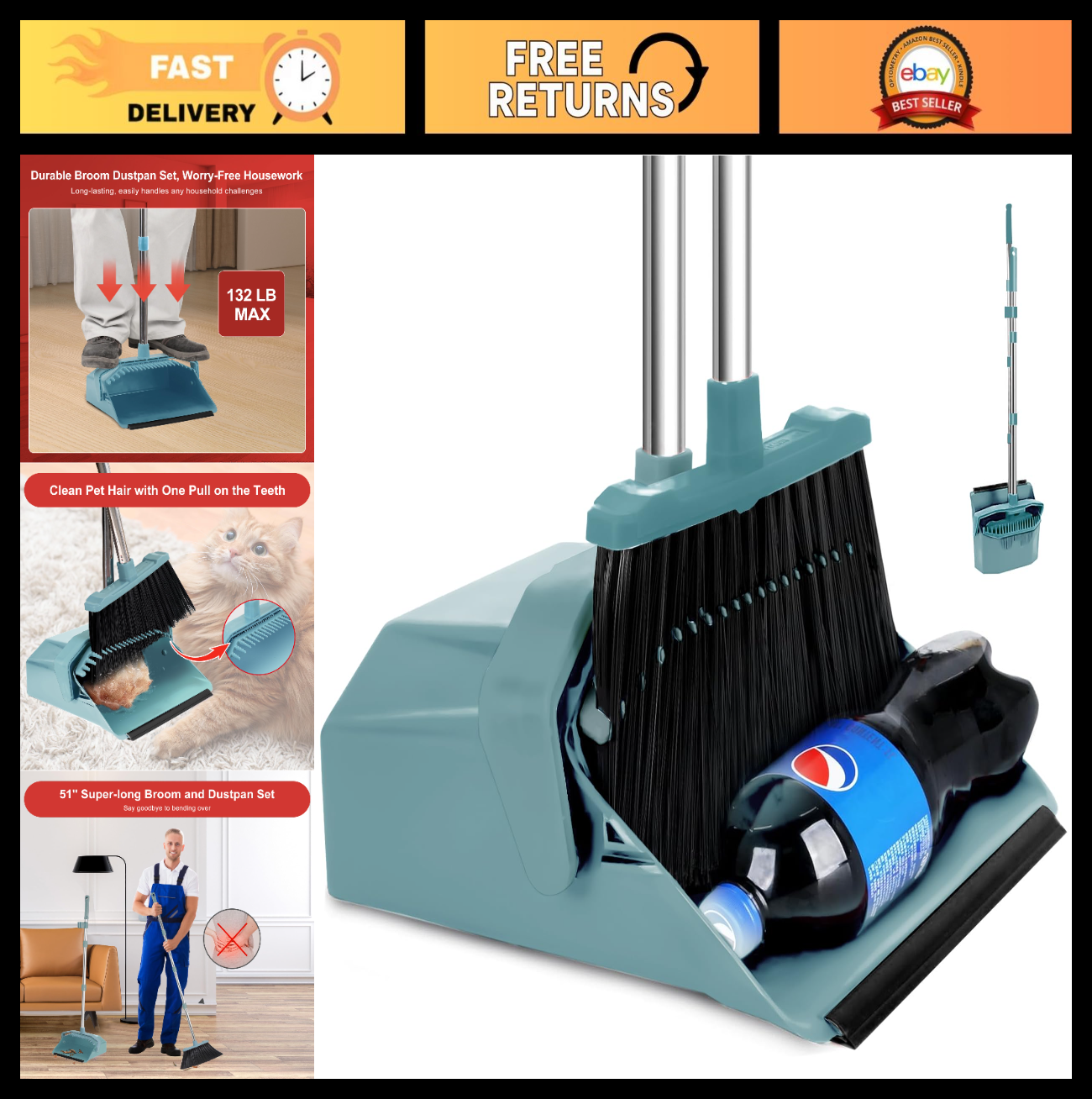 Heavy Duty Broom and Dustpan Set - Self-Cleaning Combo for Kitchen, Office, Lobb0