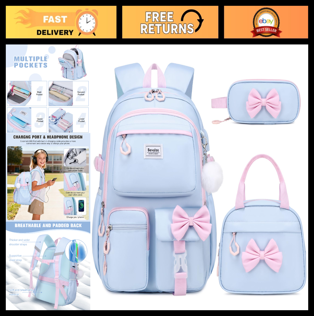 Cute Bow Backpack for Girls   School Bag with Lunch Bag & Pencil Case, Stylish &0