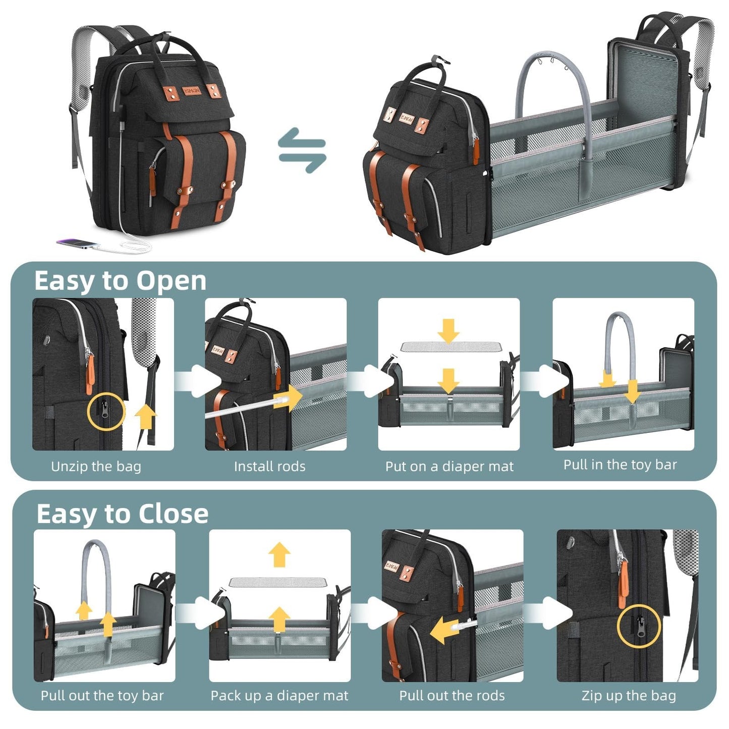Diaper Bag Backpack with Changing Station, Stylish Baby Bag for Boys   Black5