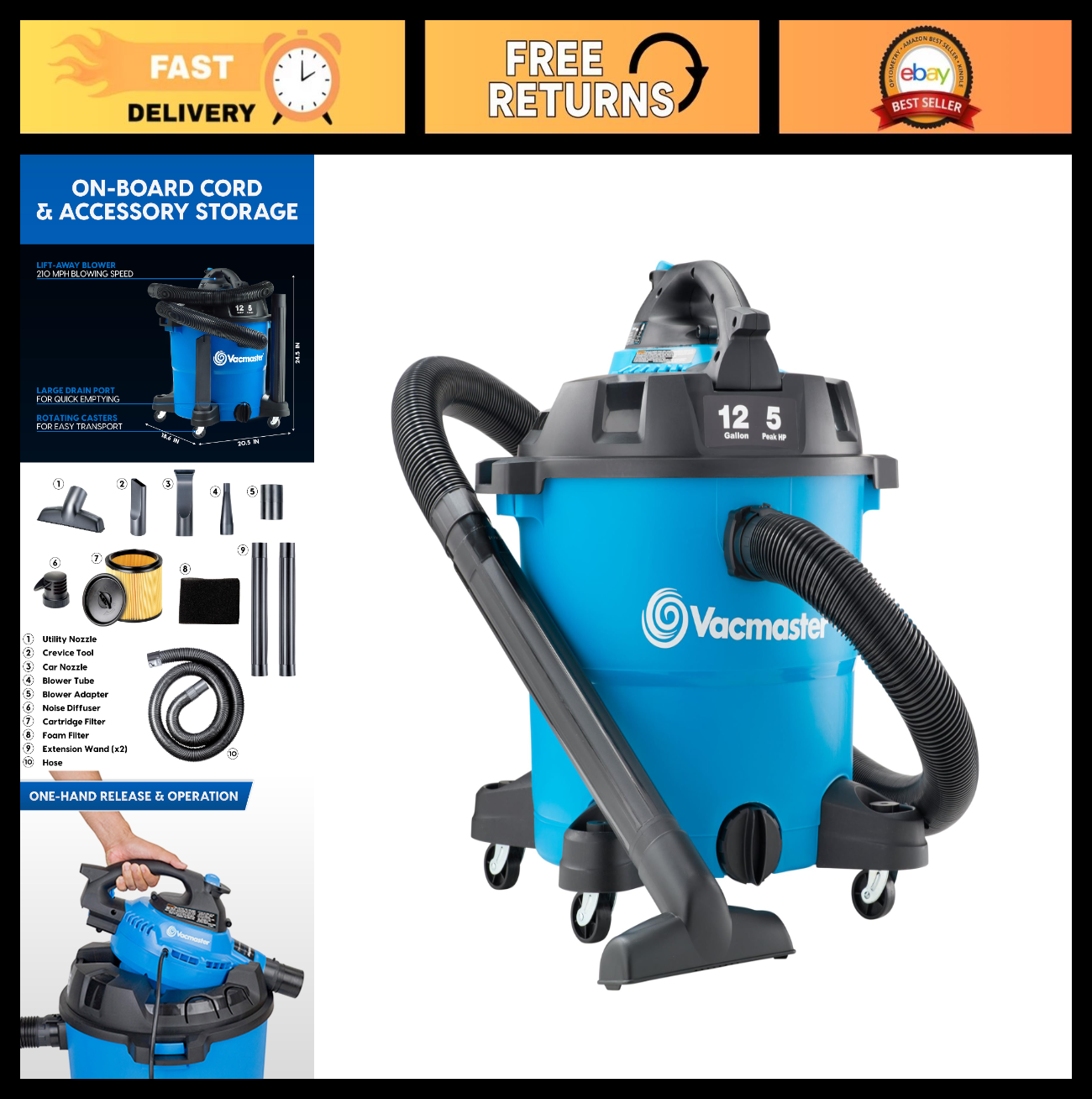 12-Gallon 5 Peak HP Wet/Dry Vacuum & Detachable Blower - Powerful Cleaning Tool0