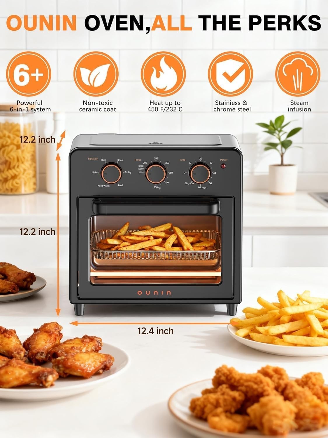 Compact 12QT Air Fryer Toaster Oven - 6-in-1 Multi-Cooker, Stainless Steel, Fast2