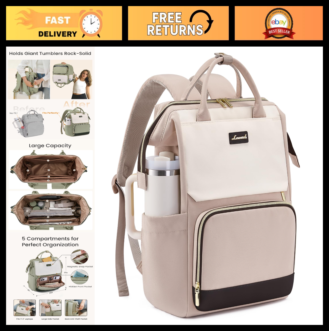 Stylish Laptop Backpack for Women   Giant Tumbler Holder, Travel, Work, Nurse, T0