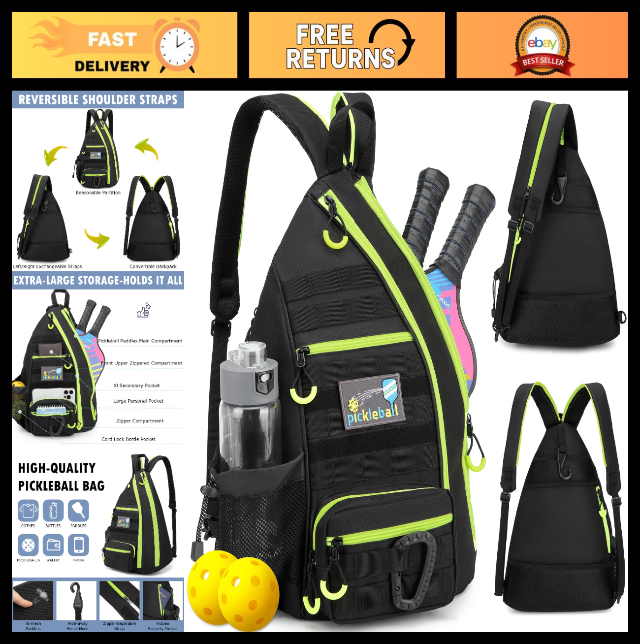 Tactical Pickleball Backpack - Adjustable Sling Bag with Water Bottle & Fence Ho0