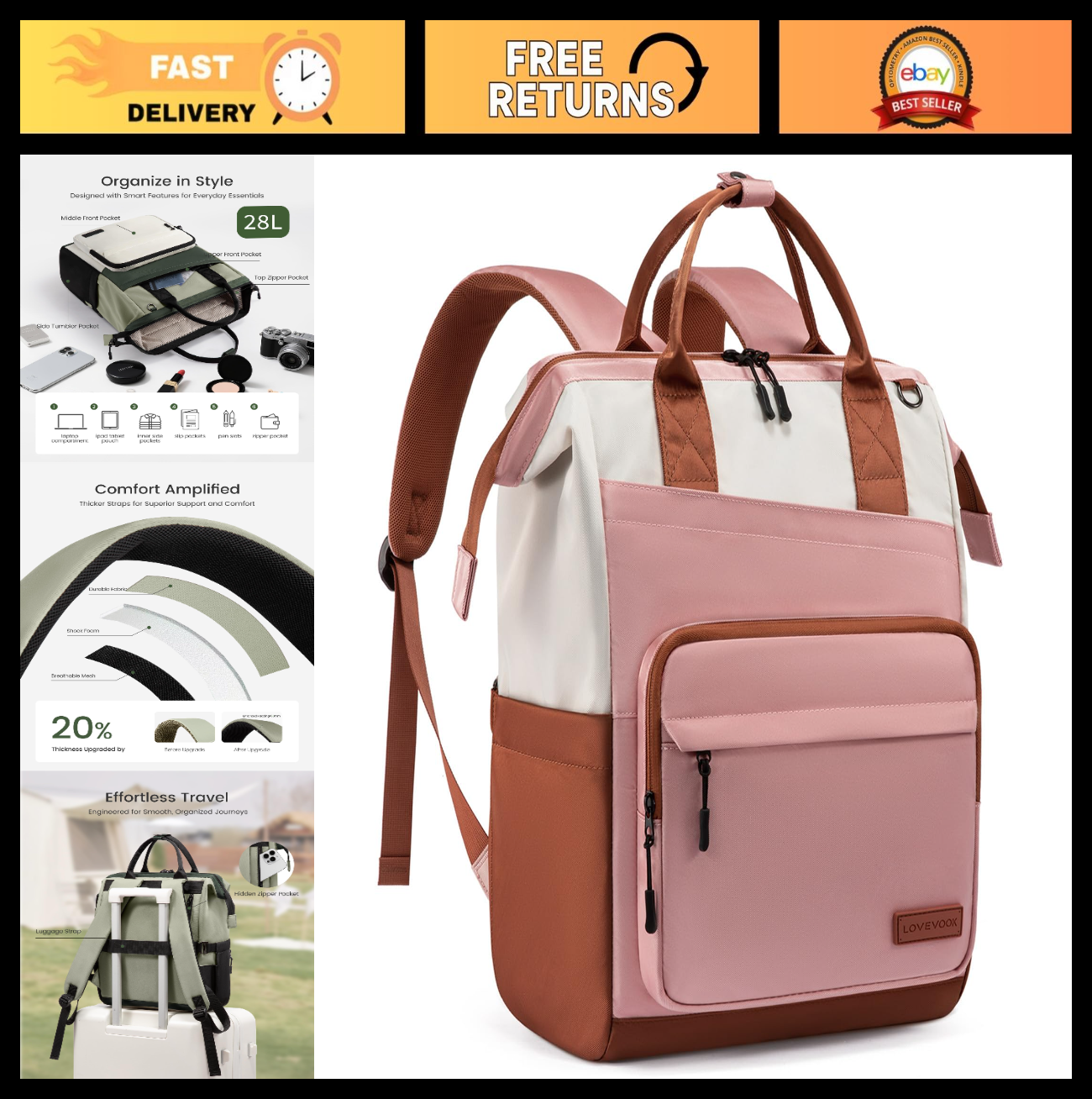 Stylish 15.6" Laptop Backpack for Women   Water Resistant Travel Bag, Large Capa0