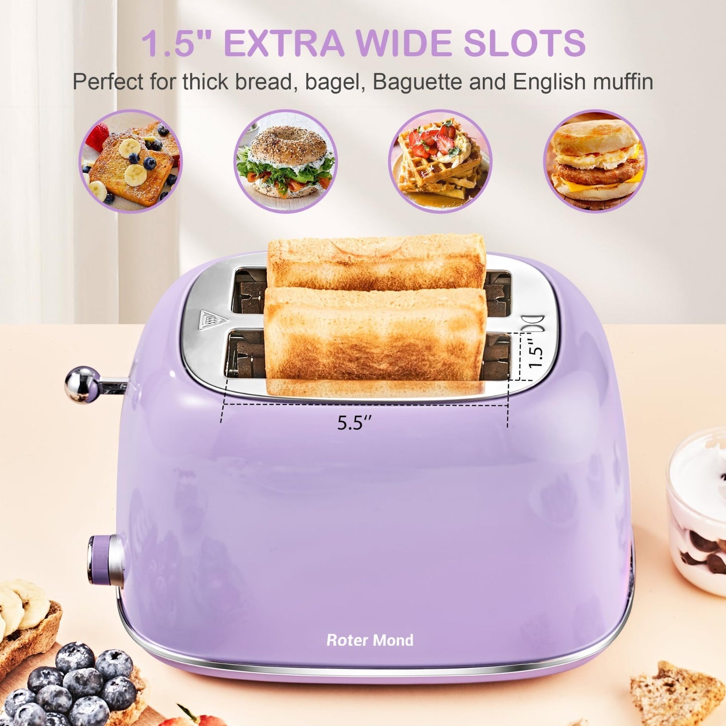 Retro Stainless Steel 2 Slice Toaster with Bagel, Cancel, Defrost, 6 Shade Setti3