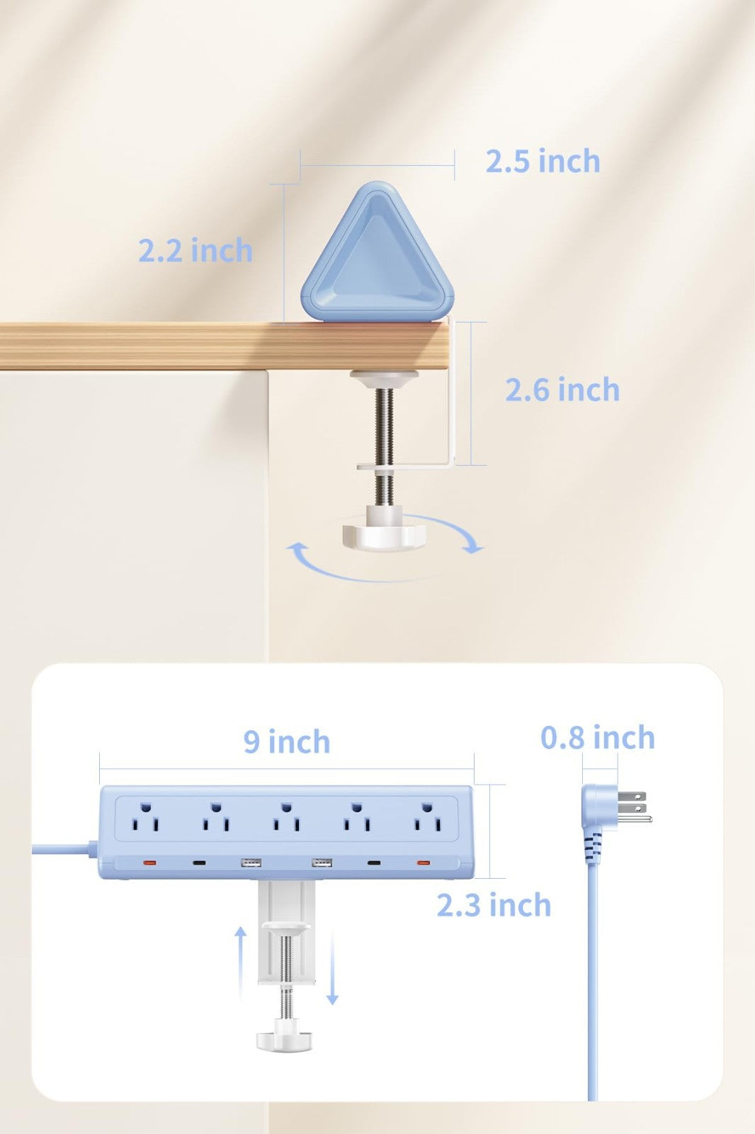 6.5FT Desk Clamp Power Strip   5 AC Outlets, 6 USB Ports, PD 40W Fast Charging7